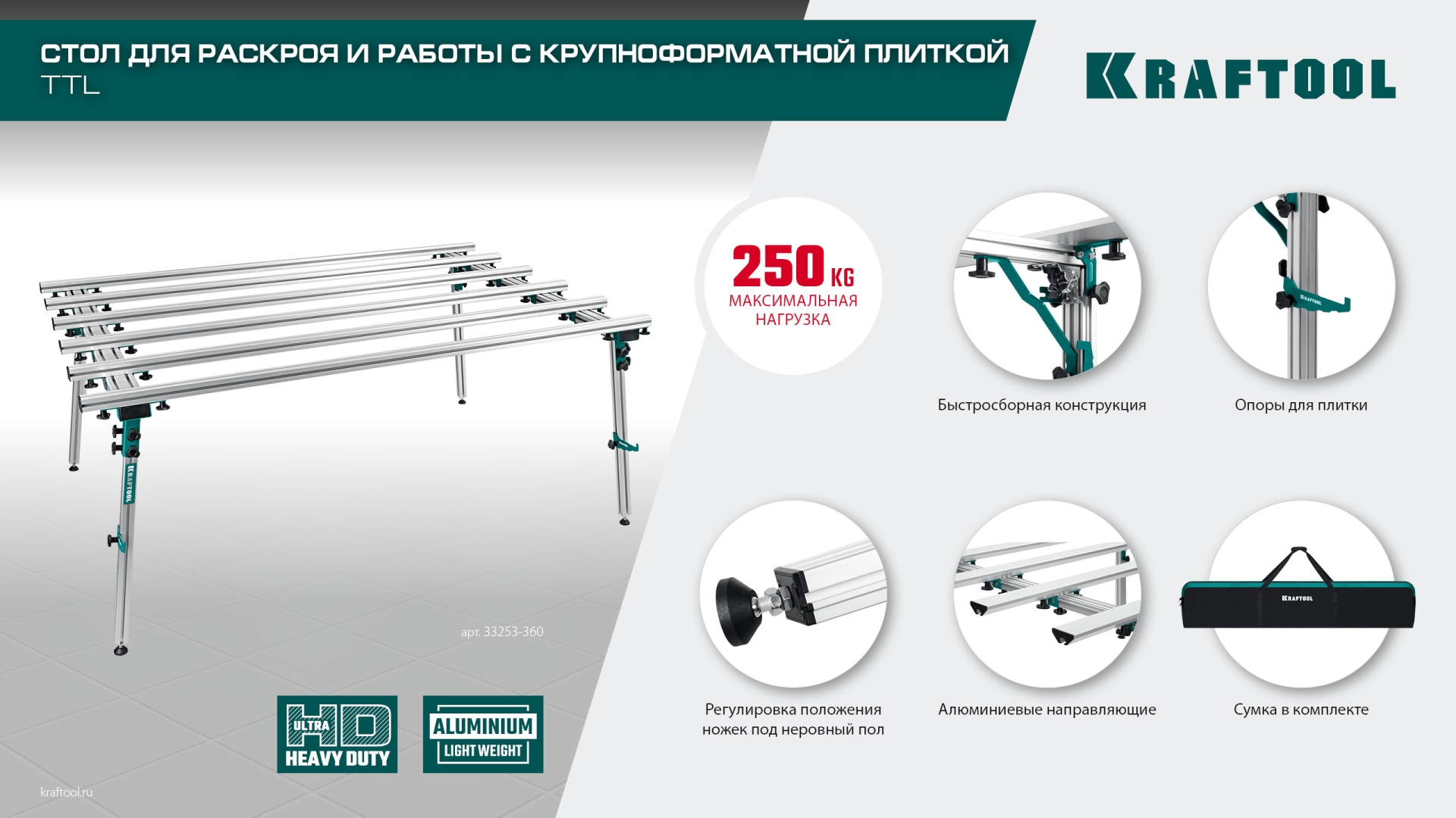 KRAFTOOL TTL-180 180х140х70 см, макс 250 кг, стол для работ с крупноформатными листовыми материалами (33253-180)