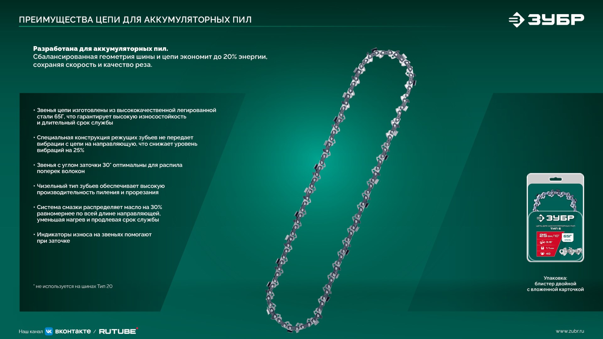 ЗУБР тип 20, 10 см, шаг 3/10″, паз 1.1 мм, 28 звеньев, шина (71220-10)