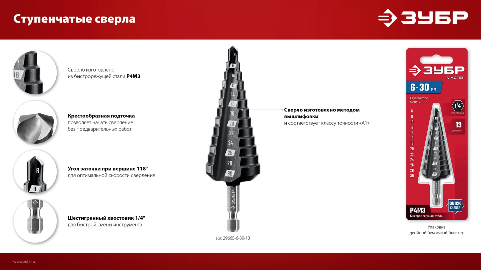 ЗУБР 6-30мм, 13 ступеней, сверло ступенчатое (29665-6-30-13)
