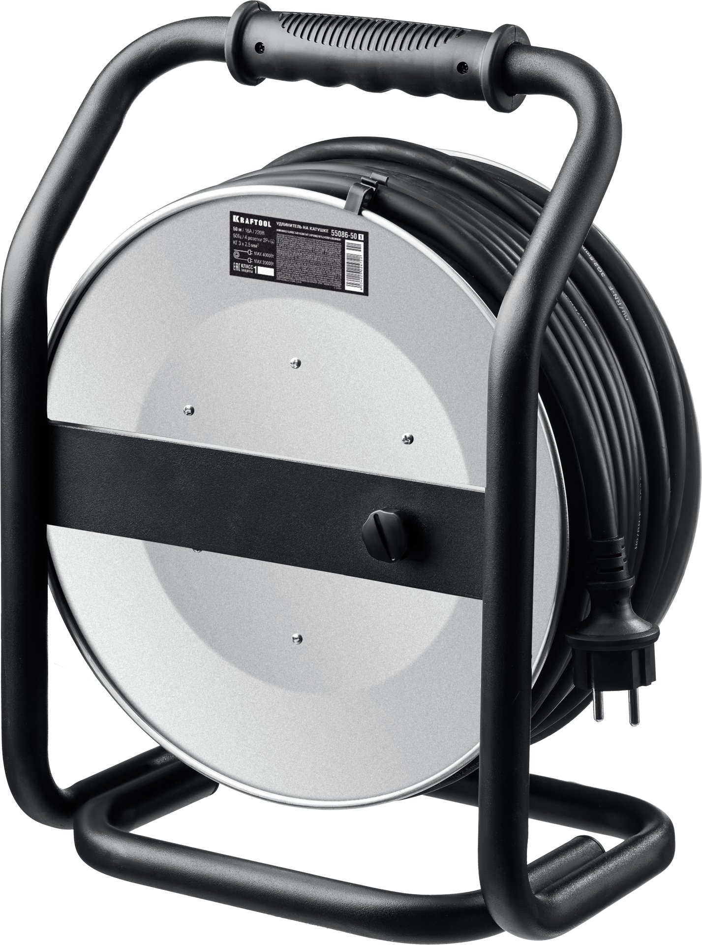 KRAFTOOL HEAVY DUTY 4.0, КГ 3х2.5 50м 4000Вт IP44, силовой удлинитель на стальной катушке (55086-50)