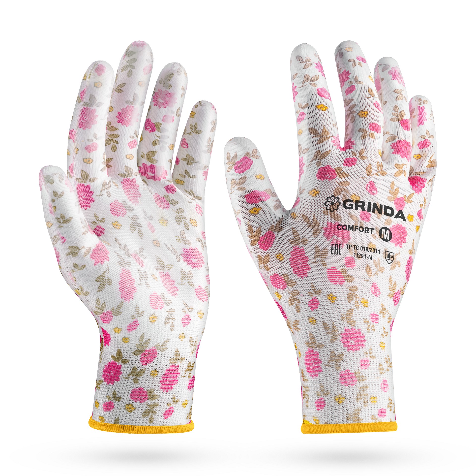 GRINDA COMFORT, M (8), садовые перчатки с прозрачным полиуретановым покрытием, розовые, 13 класс (11291-M)