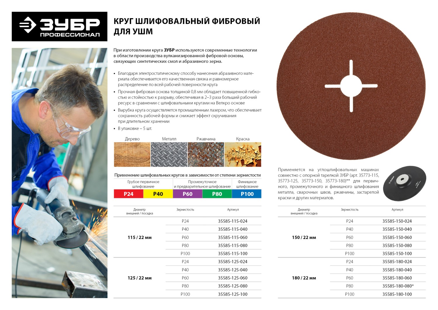 Круг шлифовальный ЗУБР ″ПРОФИ″ фибровый, для УШМ, P60, 125х22мм, 5 листов