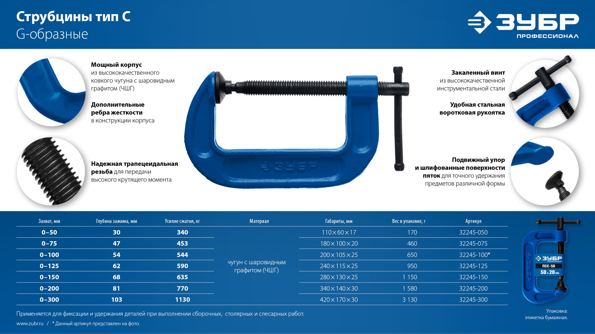 ЗУБР ПСС-80, 75 мм,чугунная струбцина тип С (G-образная), Профессионал (32245-075)