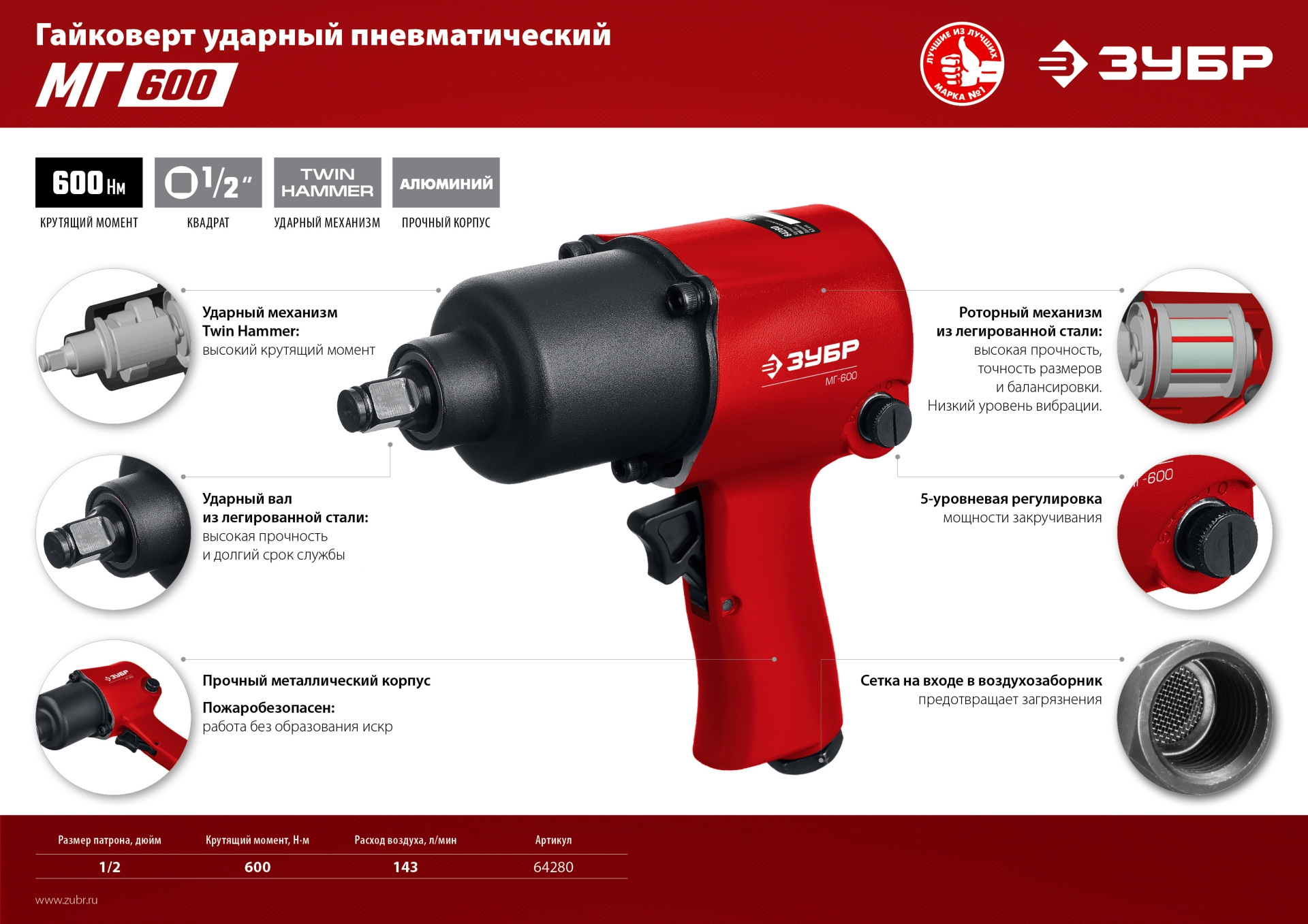 ЗУБР МГ-600, 1/2″, 600 Н·м, ударный пневматический гайковерт (64280)