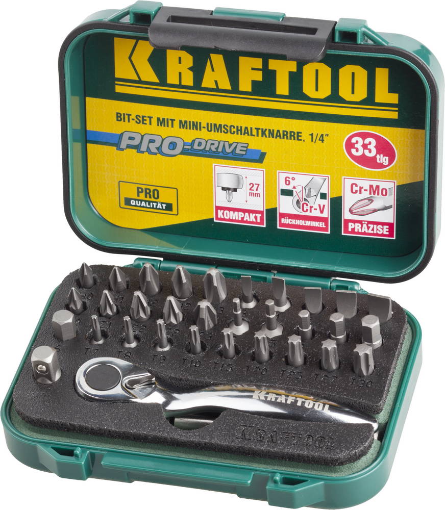 KRAFTOOL 33 шт, набор бит с мини-трещоткой (26157-H33)