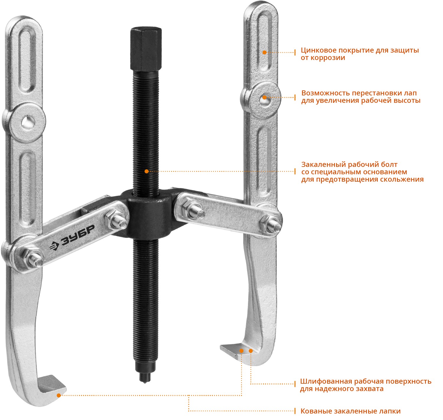 ЗУБР внешний d 40 - 340 мм, внутренний d 40 - 270 мм, шарнирный двухзахватный съемник с удлиненными захватами, Профессионал (43316-275)