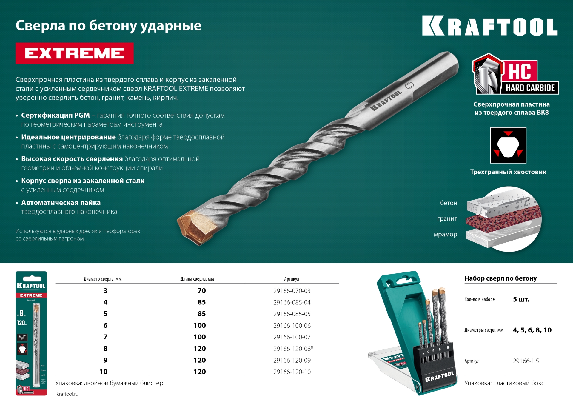 KRAFTOOL Extreme, 10 х 120 мм, трехгранный хвостовик, сверло по бетону (29166-120-10)
