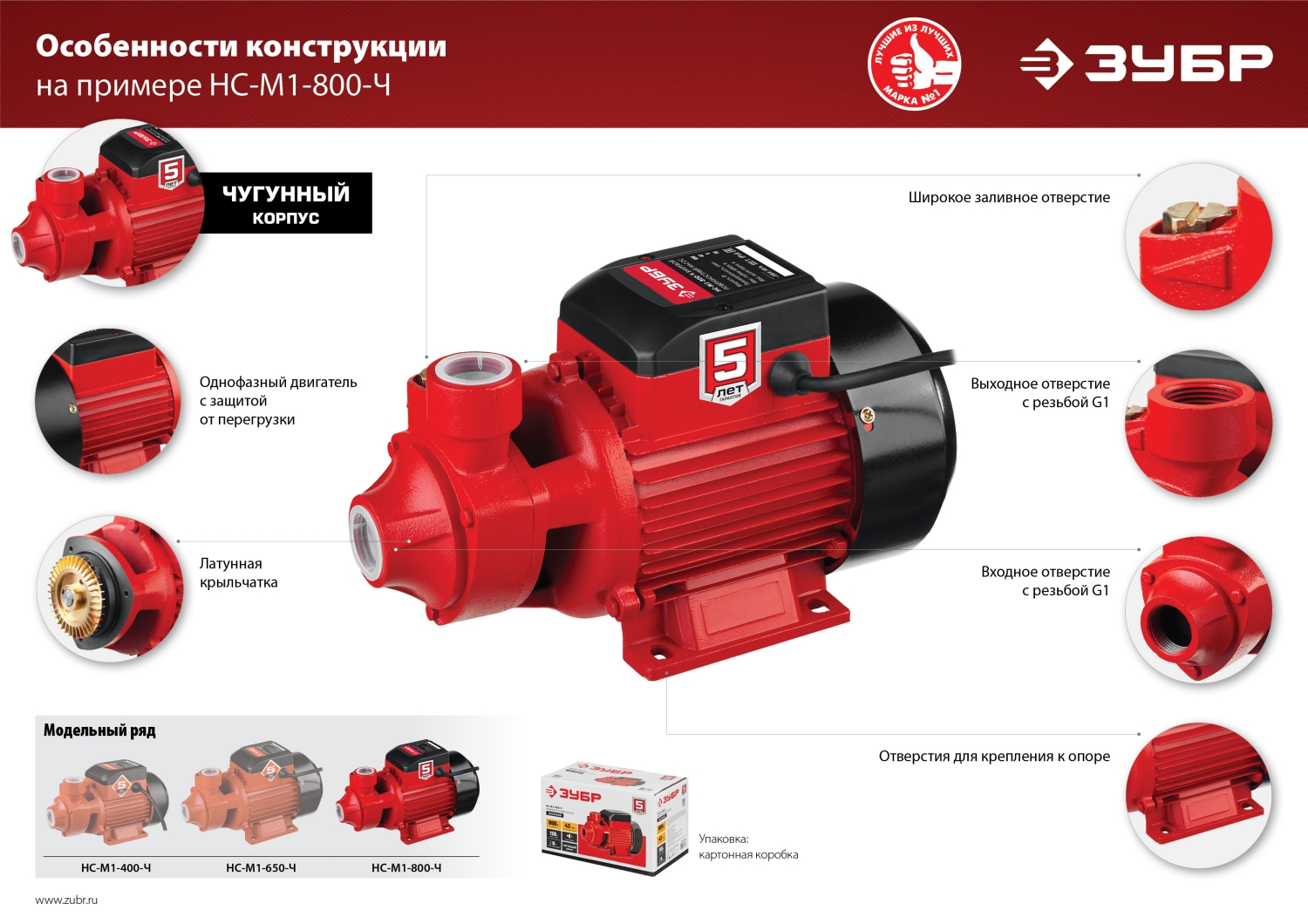 ЗУБР 800 Вт , поверхностный вихревой насос, корпус из чугуна (НС-М1-800-Ч)