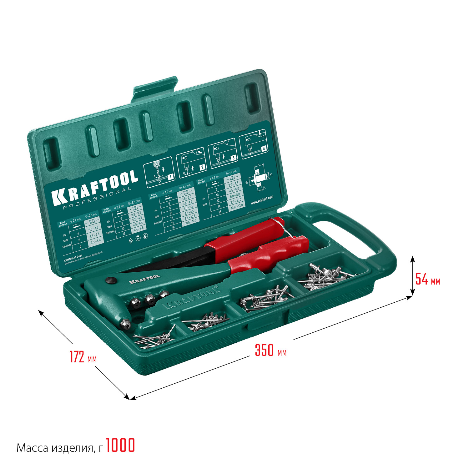 KRAFTOOL X-3, 2.4 - 4.8 мм, 260 мм, литой заклепочник в кейсе (31170-H6)