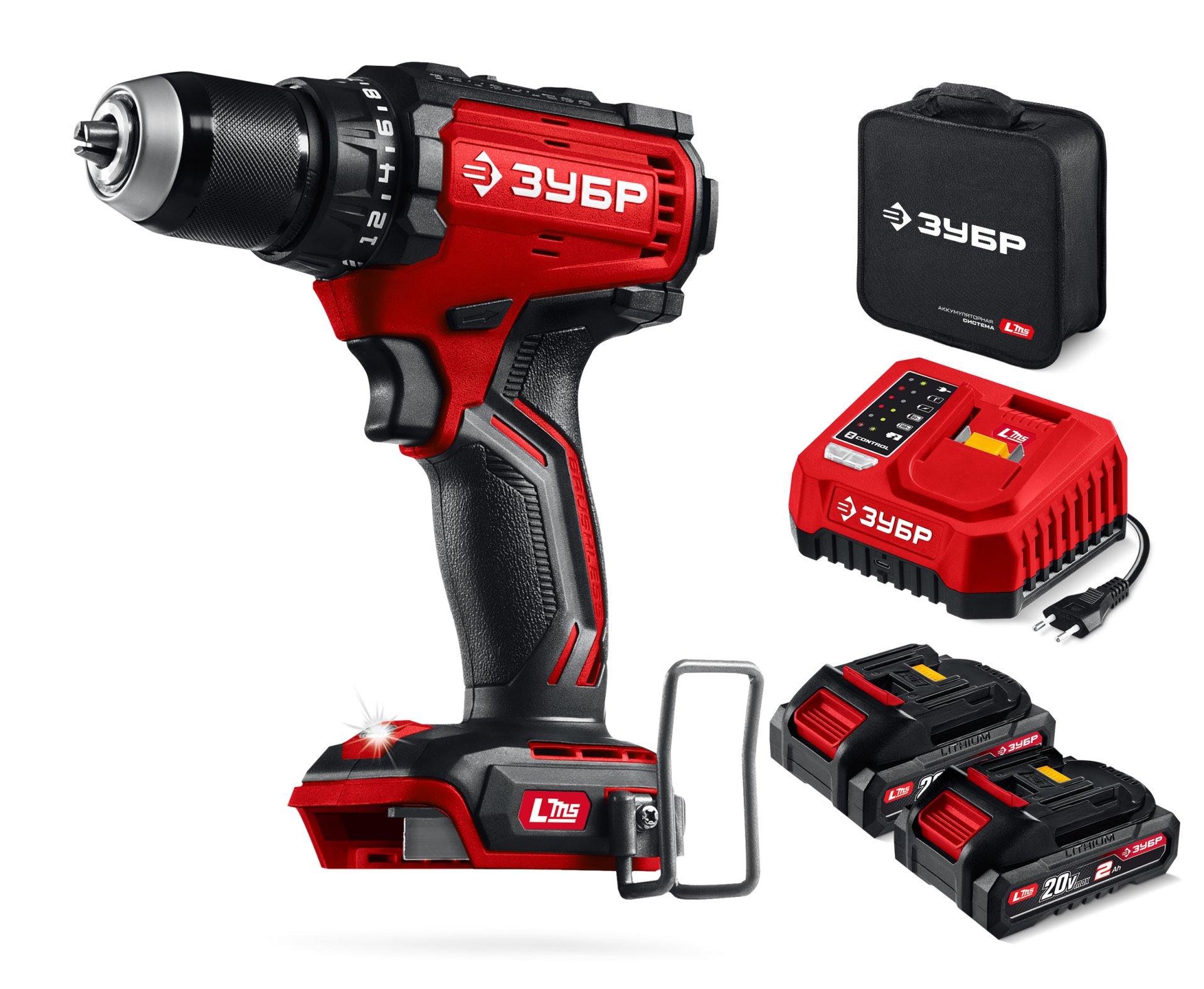 ЗУБР 20 В, 65 Н·м, 2 АКБ LMS (2 А·ч), бесщеточная дрель-шуруповерт, сумка (ДБ-65-22)