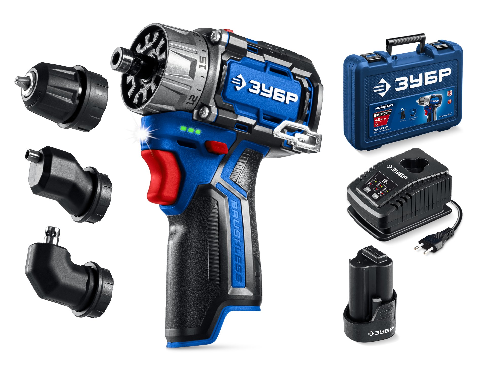 ЗУБР КОМБИ #2, 12 В, 45 Н·м, 1 АКБ тип Т7 (2 А·ч), модульная дрель-шуруповерт, BRUSHLESS, кейс, Профессионал (DB-125-21)
