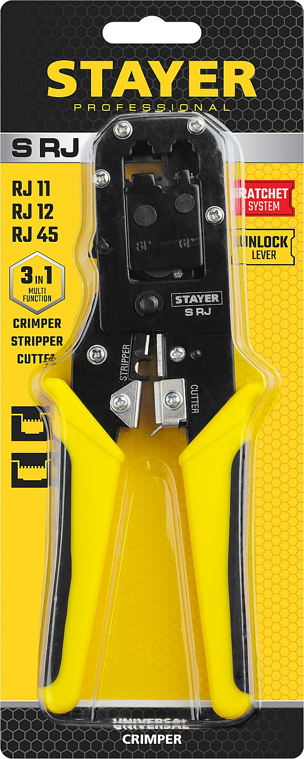 STAYER S-RJ, (RJ45, RJ11, RJ12), универсальный кримпер, Professional (22652)