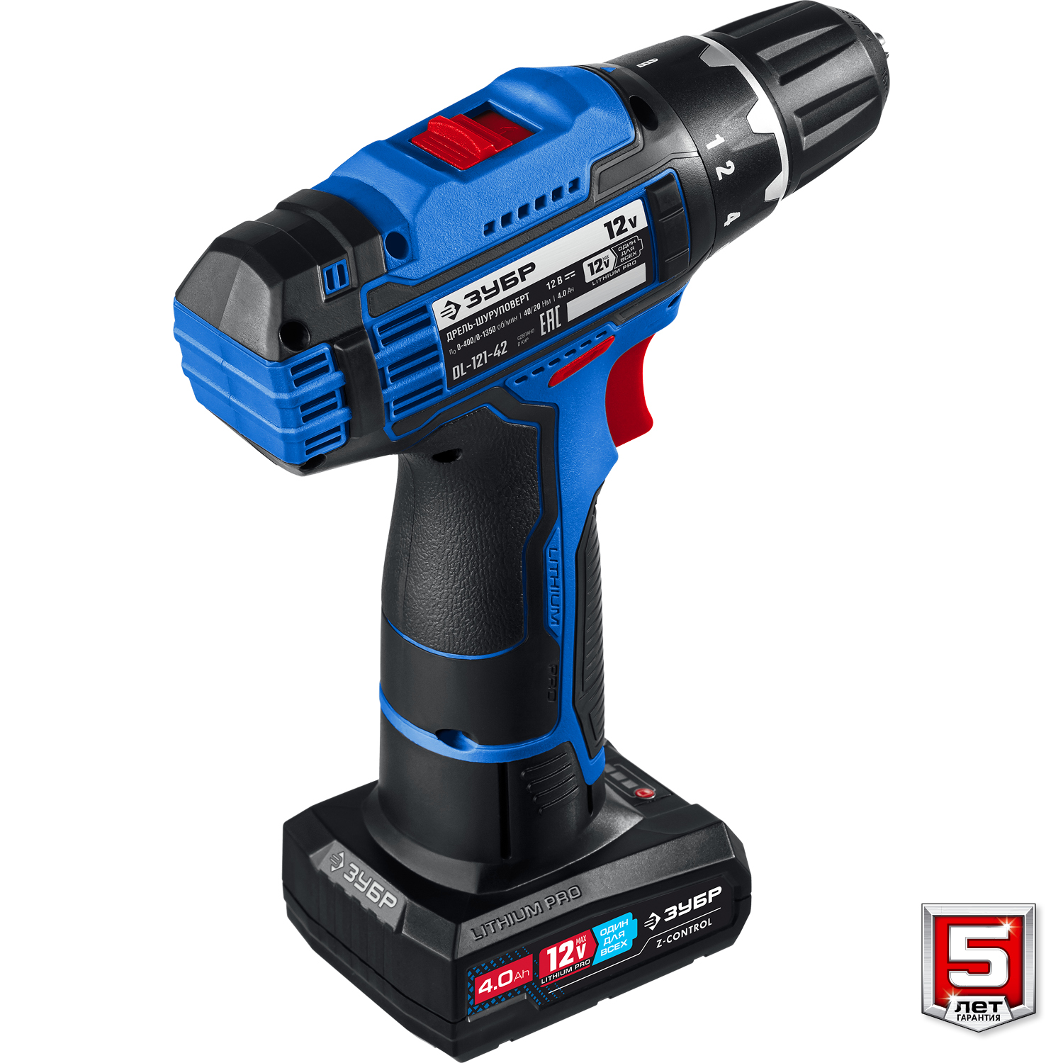 ЗУБР 12 В, 40 Н·м, 2 АКБ тип Т7 (4 А·ч), дрель-шуруповерт, сумка, Профессионал (DL-121-42)