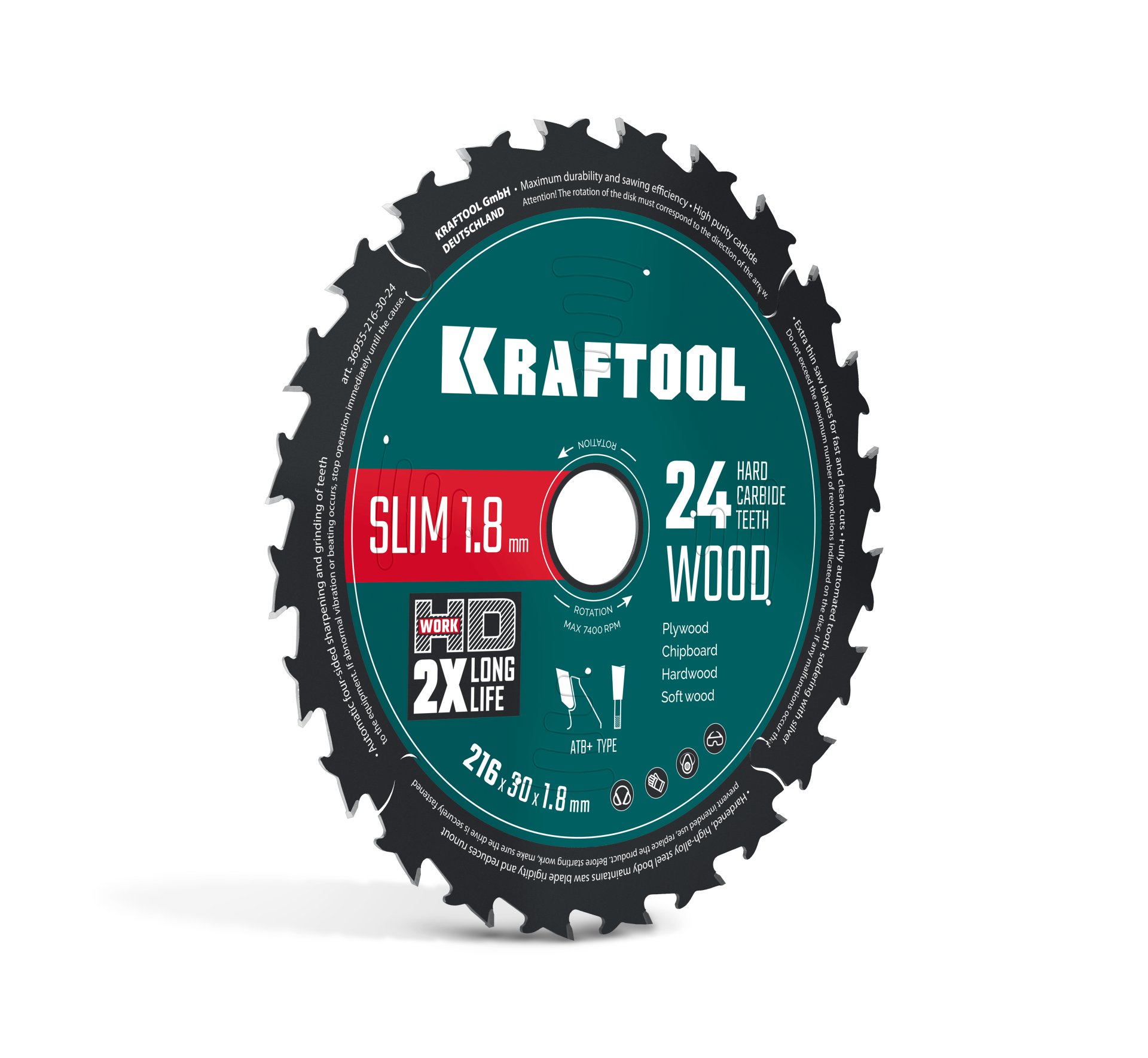 KRAFTOOL Slim wood cut 216 х 30 x 1.8 мм, 24Т, диск пильный по дереву, (36955-216-30-24)