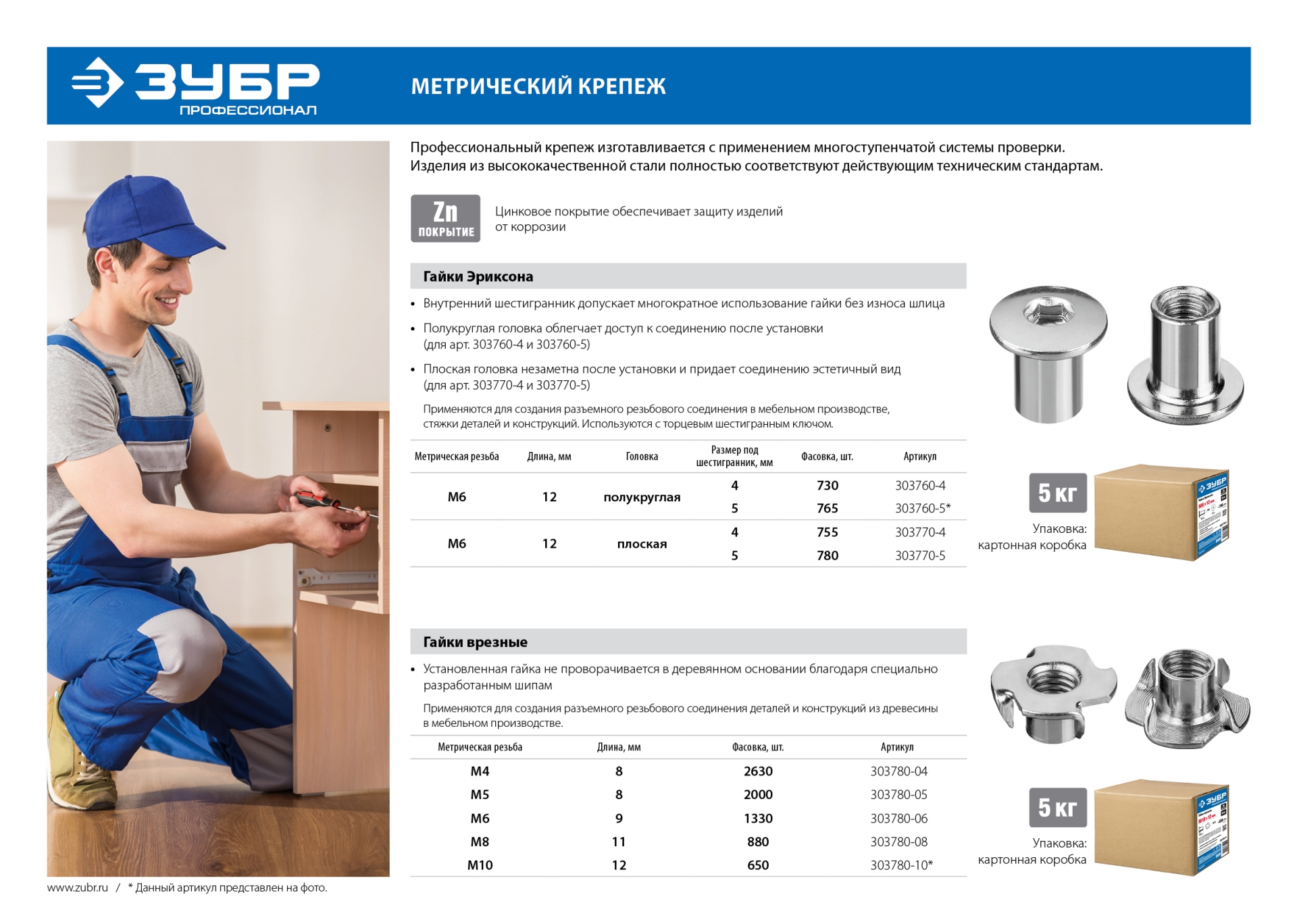 ЗУБР DIN 1624, M4 x 8 мм, цинк, 5 кг, врезная гайка (303780-04)