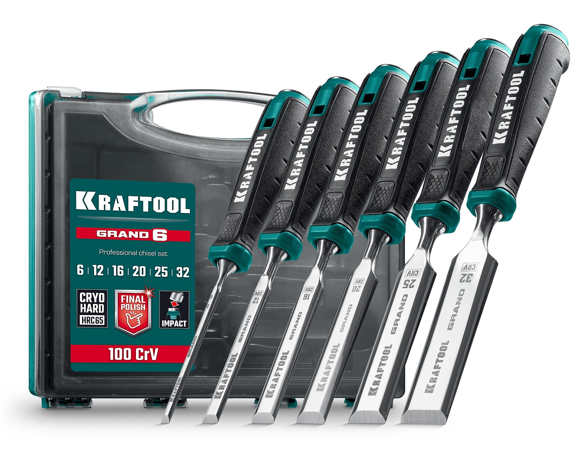 KRAFTOOL GRAND-6 набор стамесок-долот с двухкомпонентной рукояткой, 6 шт