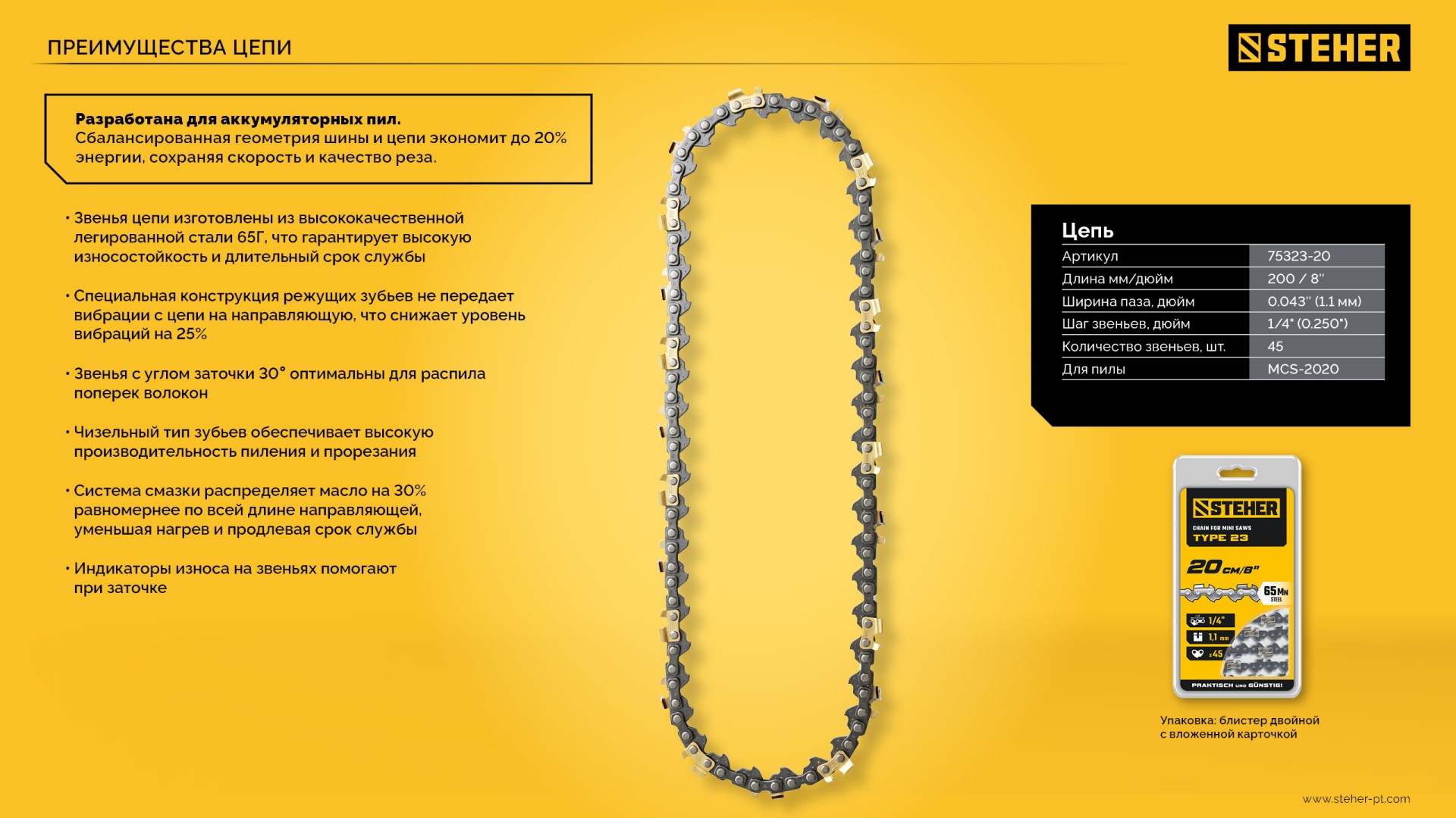 STEHER тип 23, 20 см, шаг 1/4″, паз 1.1 мм, 45 звеньев, шина (75223-20)