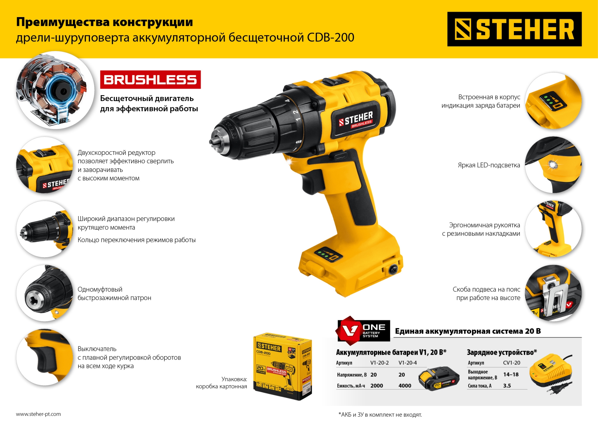 STEHER V1, 20 В, 45 Н·м, без АКБ, бесщеточная дрель-шуруповерт (CDB-200)