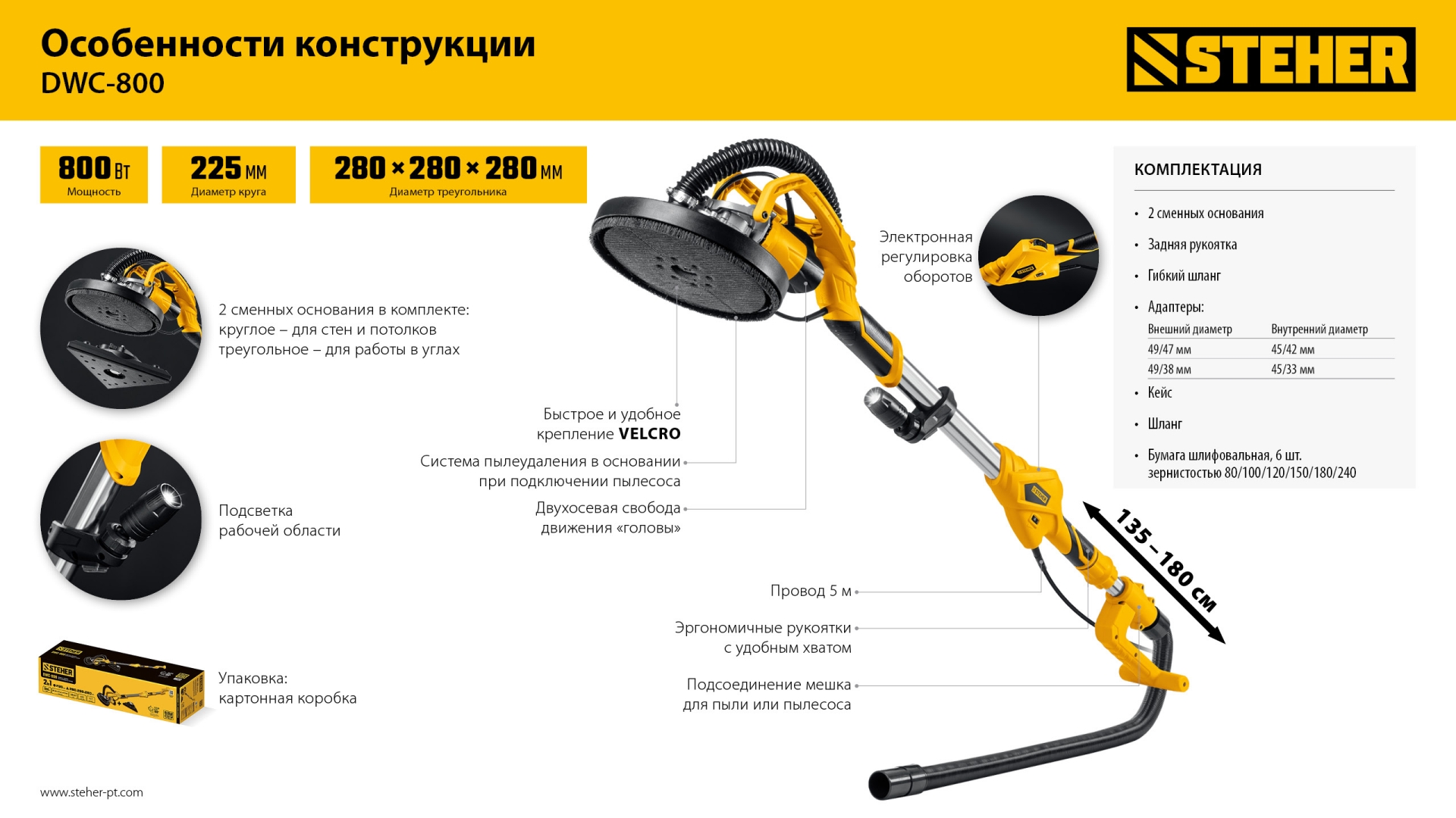 STEHER d225 мм, 800 Вт, сменные основания, подсветка, шлифовальная машина для стен (жираф) (DWC-800)