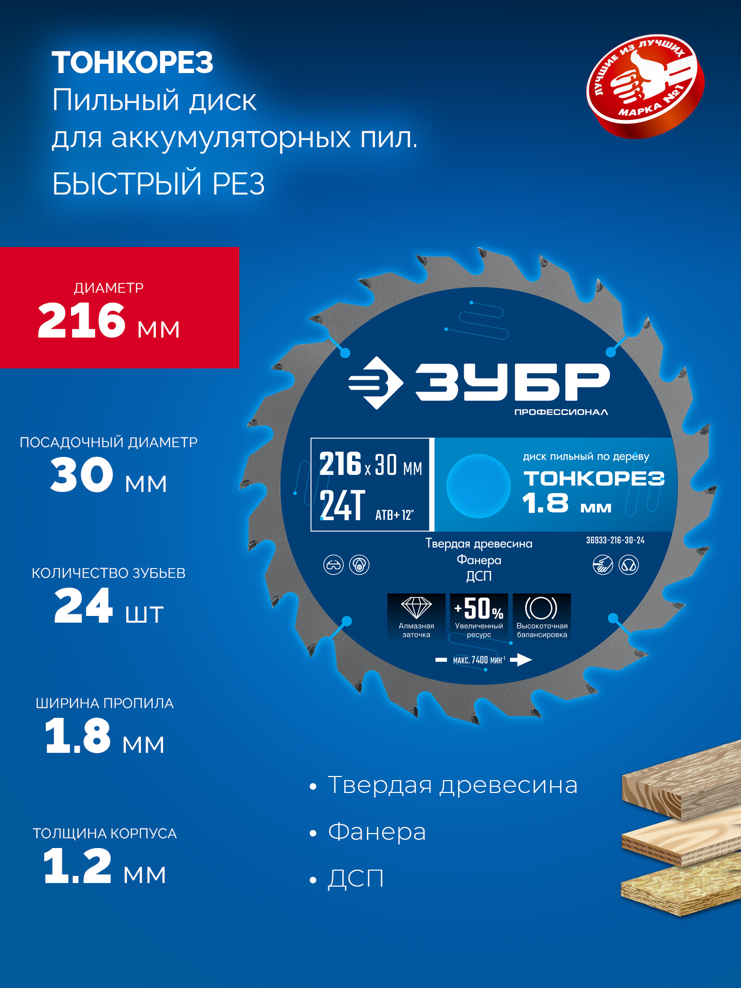 ЗУБР Тонкорез 216х30 x 1.8 мм, 24Т, диск пильный по дереву, тонкий рез, Профессионал (36933-216-30-24)