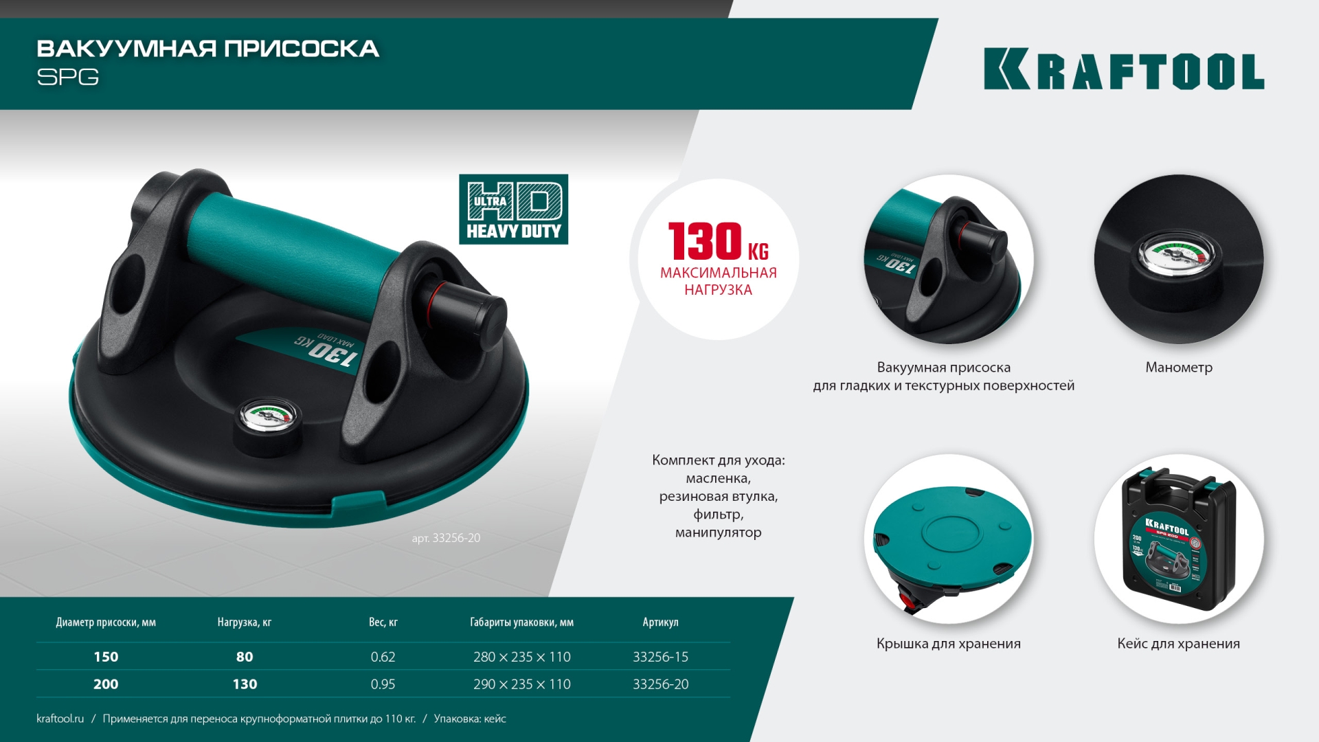 KRAFTOOL SPG-200 130 кг, 200 мм, манометр, вакуумная присоска с манометром (33256-20)