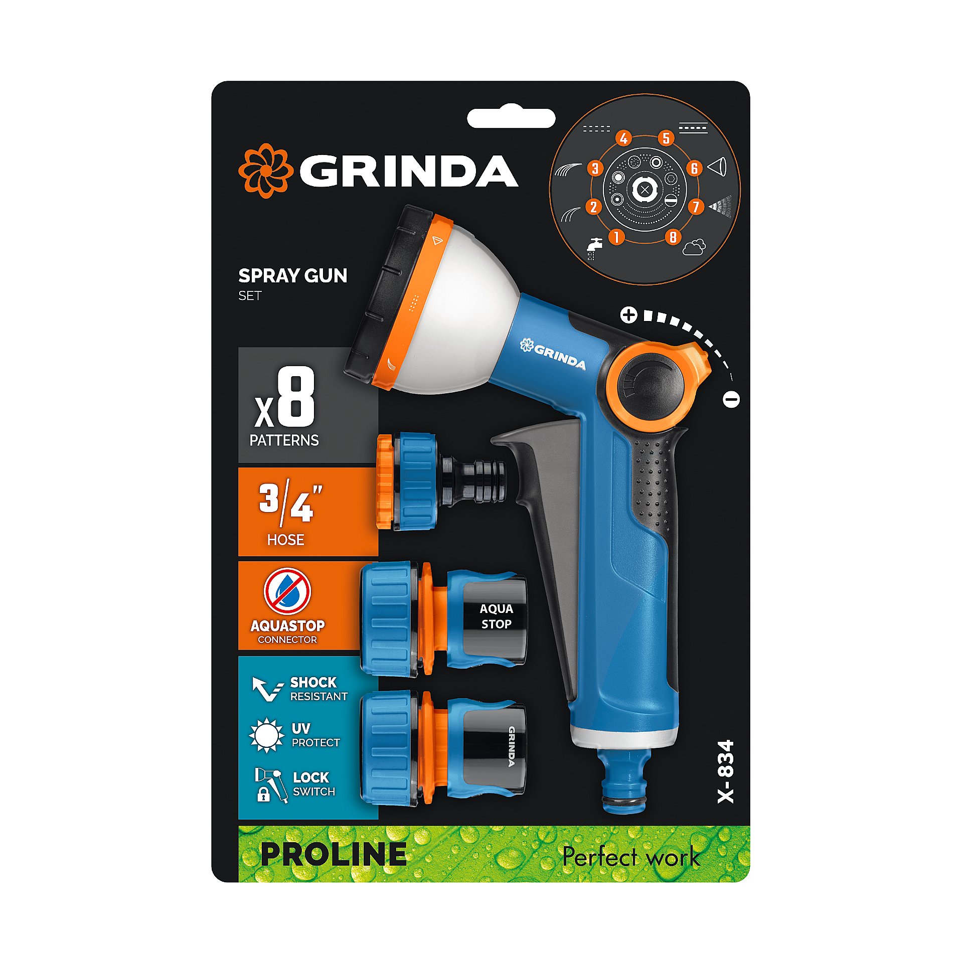 GRINDA Х-834, пистолет поливочный X-8, коннектор 3/4, конектор 3/4 с автостопом, адаптер с внутр. резьбой 1/2 х 3/4,набор поливочный PROLine (429167)