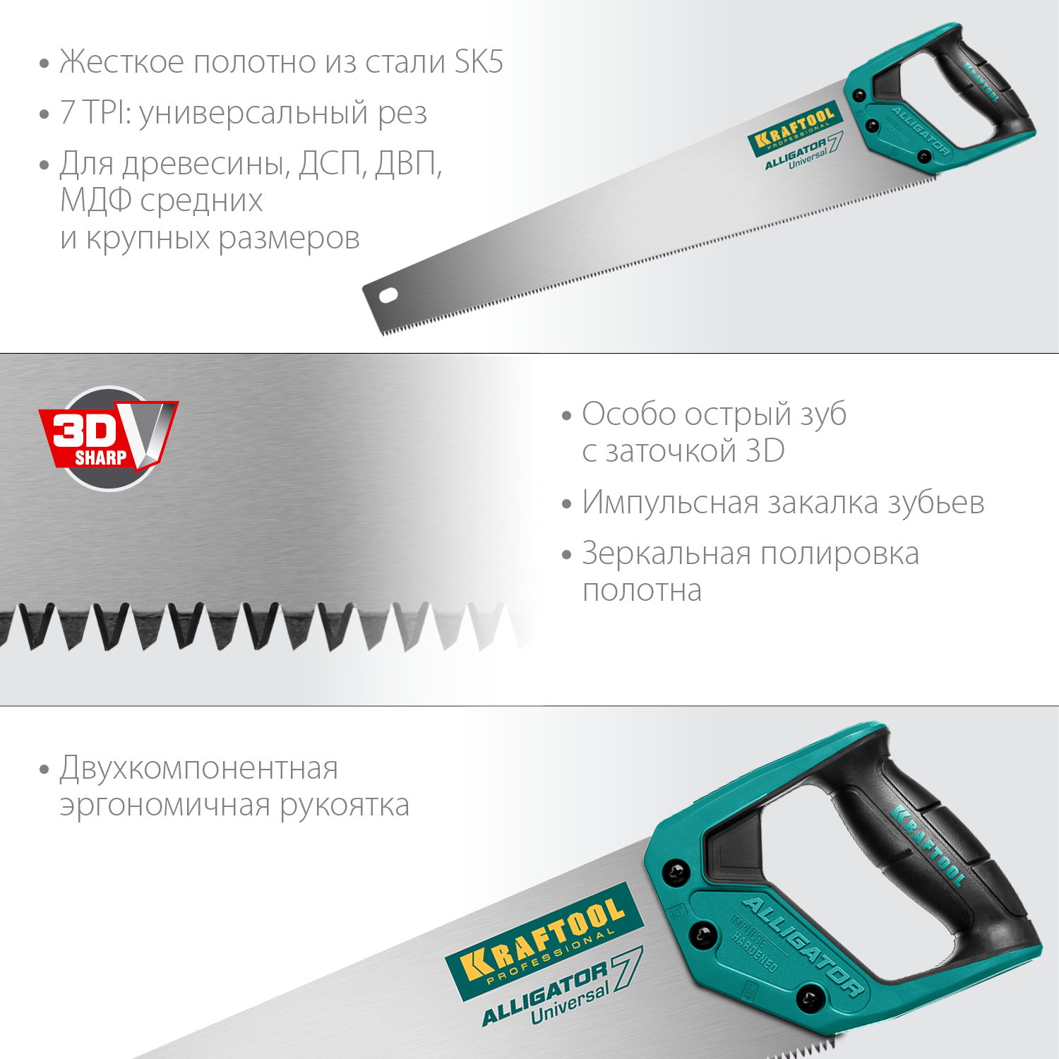 KRAFTOOL Alligator Universal 7, 550 мм, 7 TPI, 3D зуб, универсальная ножовка (15004-55)