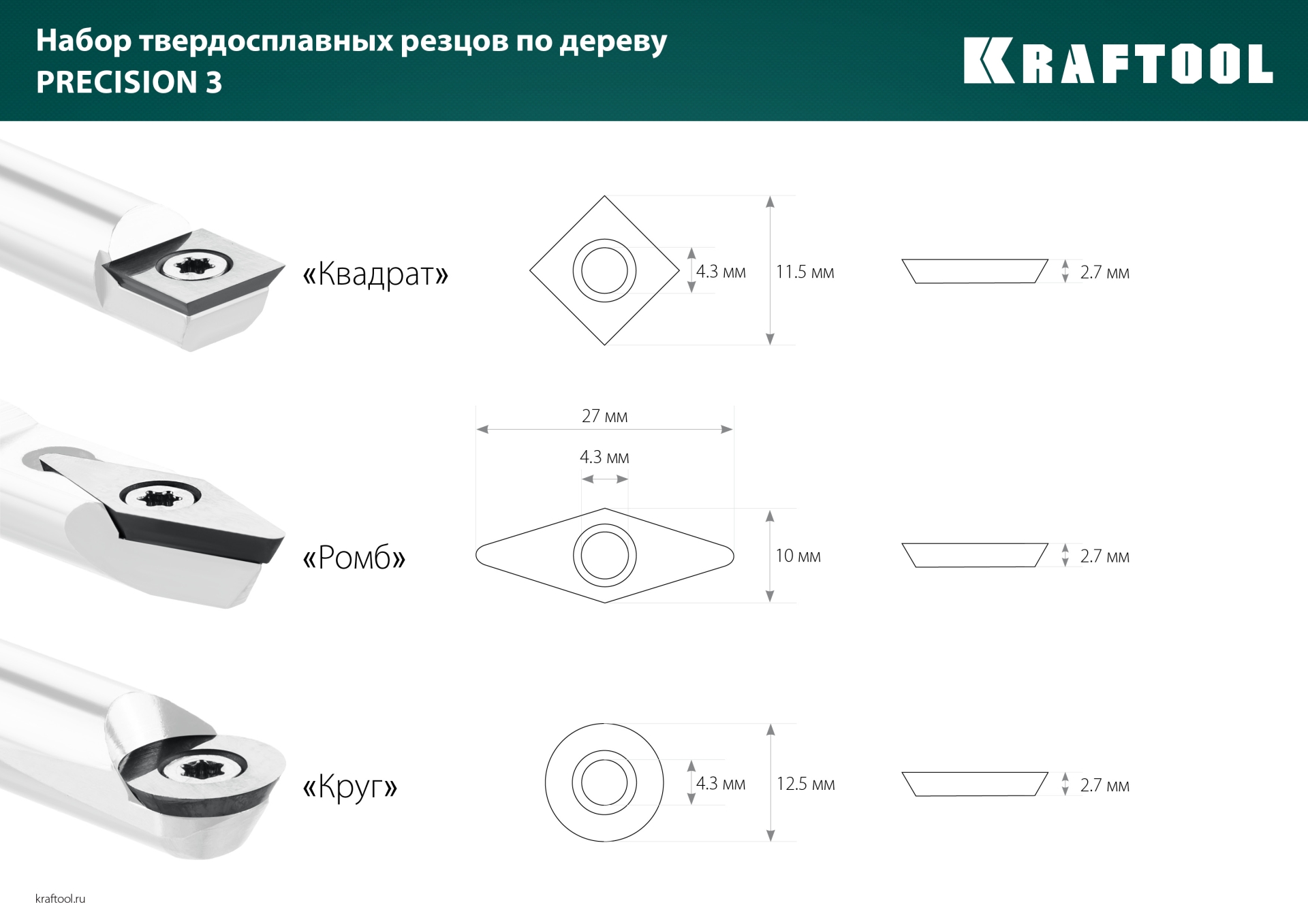 KRAFTOOL Precision-3, 3 предм., набор ручных резцов по дереву (18369)