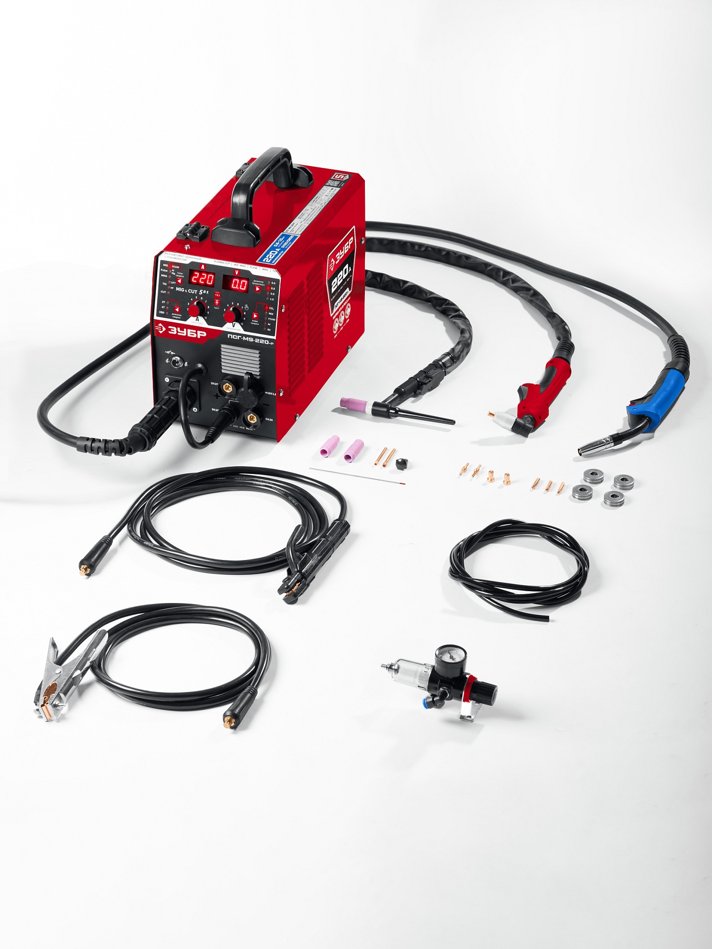 ЗУБР MIG & CUT 5-в-1, MIG / MAG, PLASMA CUT, FCAW, MMA, TIG, 220 А, полуавтомат сварочный, с газом / без газа, горелка ПСГ-220 (ПСГ-М9-220-Р)