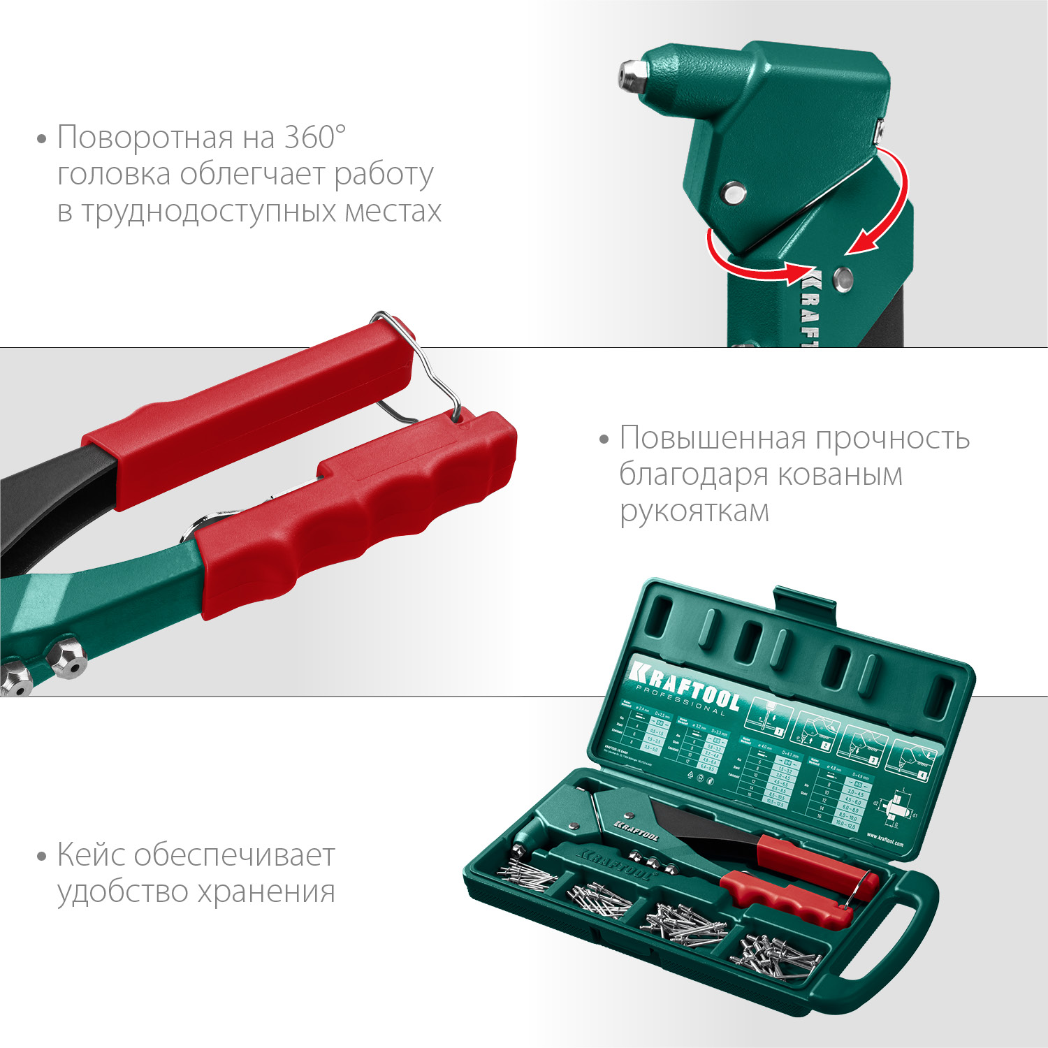 KRAFTOOL RX-7, 360°, 2.4 - 4.8 мм, 280 мм, литой поворотный заклепочник в кейсе (31176-H6)