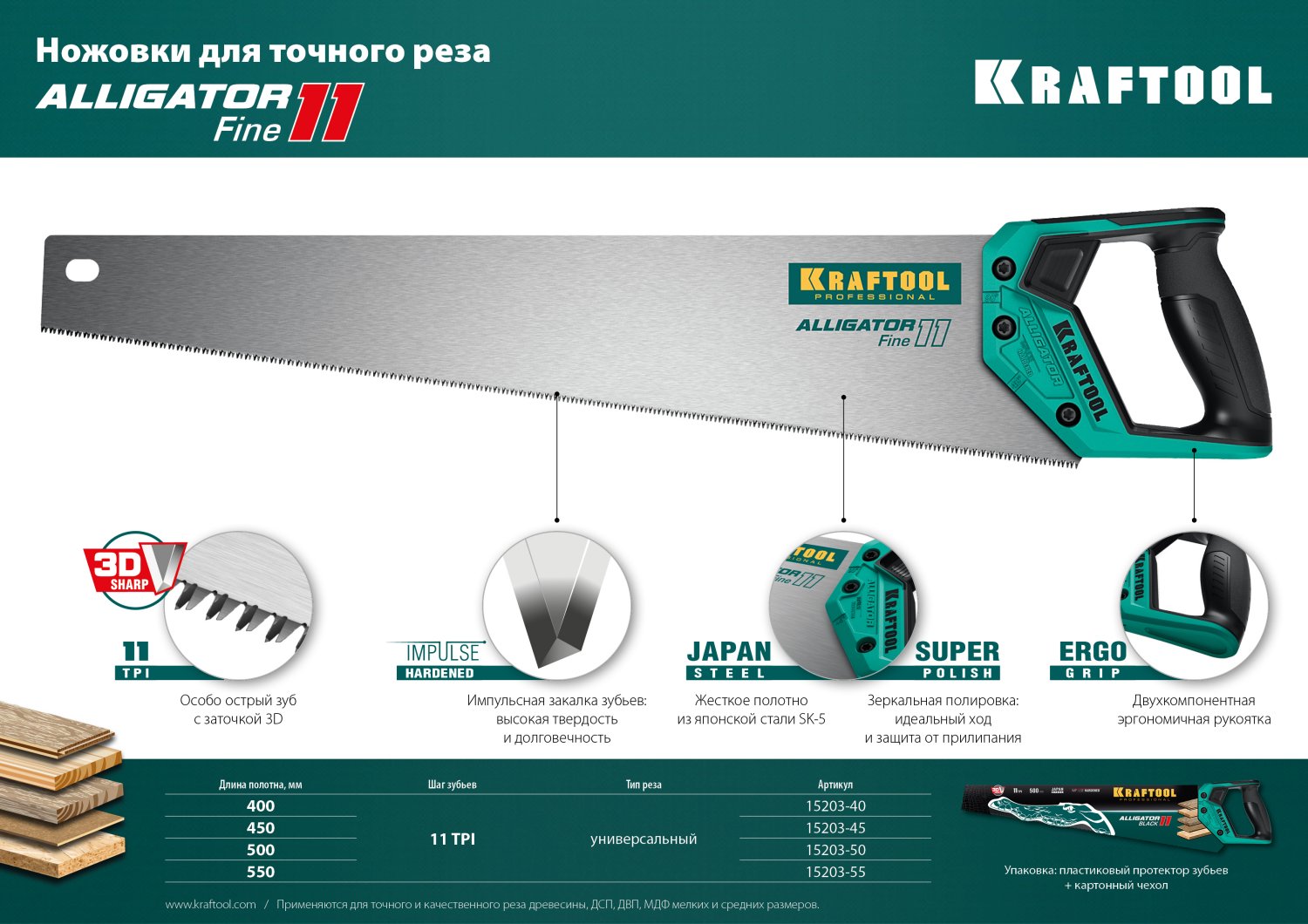 KRAFTOOL Alligator Fine 11, 450 мм, ножовка для точного реза (15203-45)