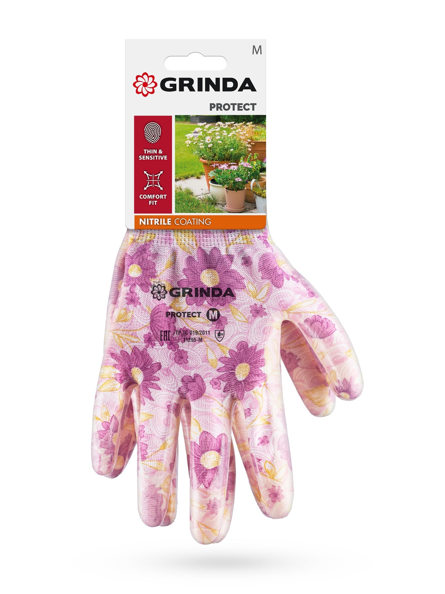 GRINDA PROTECT, M (8), садовые перчатки с прозрачным нитриловым покрытием, фиолетовые, 13 класс (11295-M)
