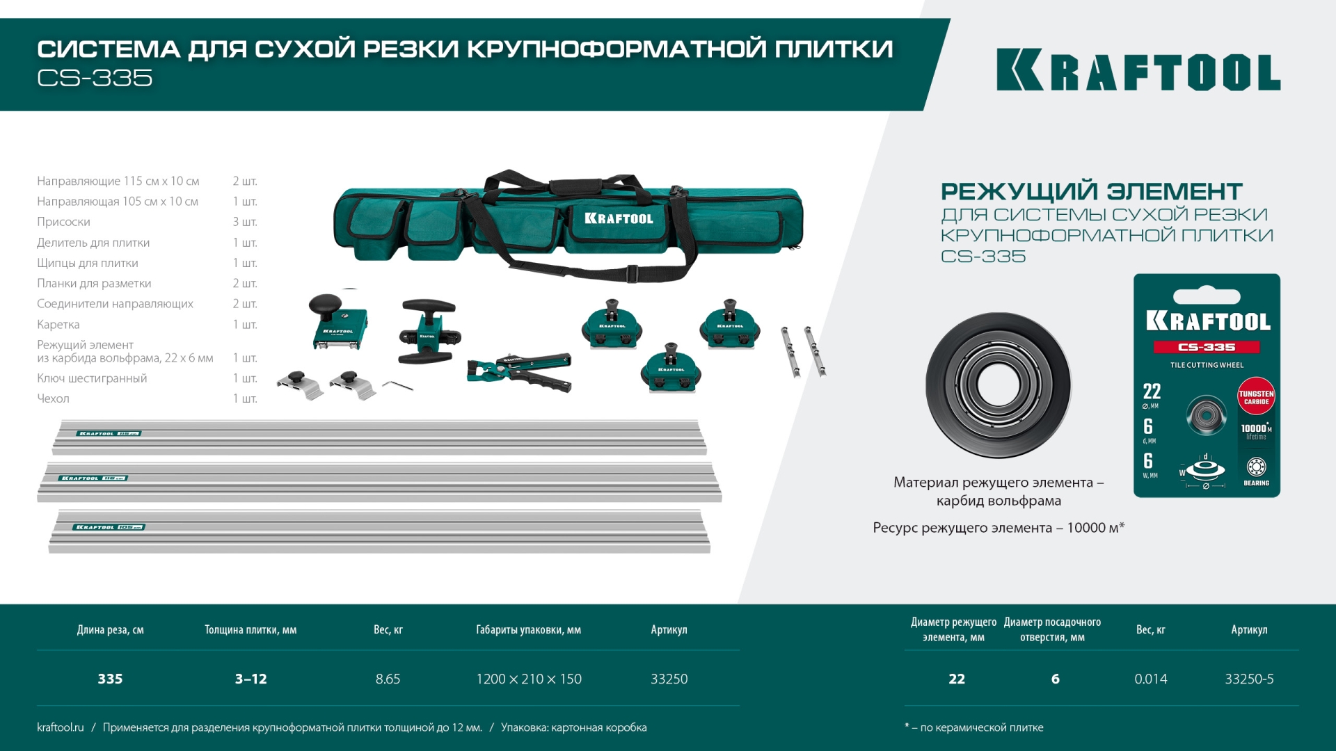KRAFTOOL CS-335, до 3,35 м, система для сухой резки крупноформатной плитки (33250)