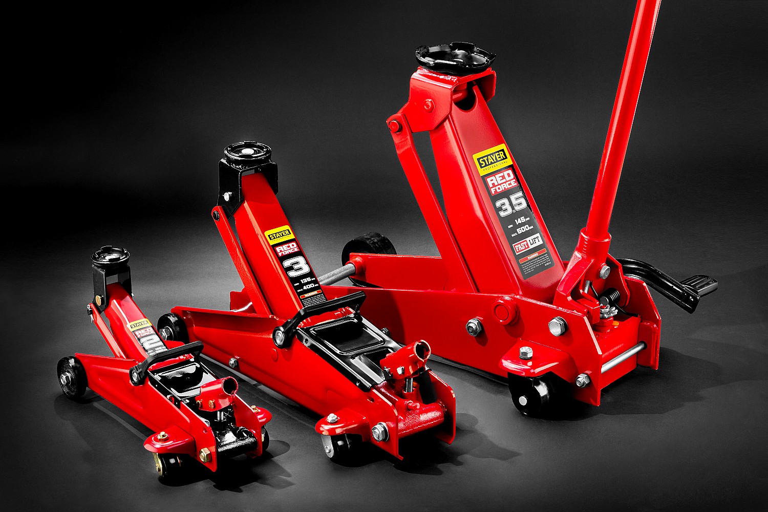 STAYER R-55 RED FORCE, 3 т, 155 - 545 мм, подкатной домкрат с высоким подъемом, Professional (43157-3)