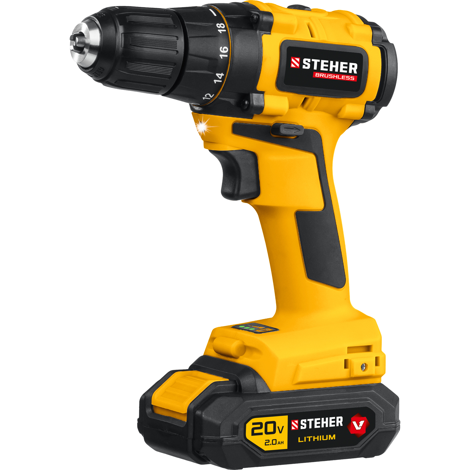 STEHER V1, 20 В, 45 Н·м, 1 АКБ (2 А·ч), бесщеточная дрель-шуруповерт, кейс (CDB-200-1)