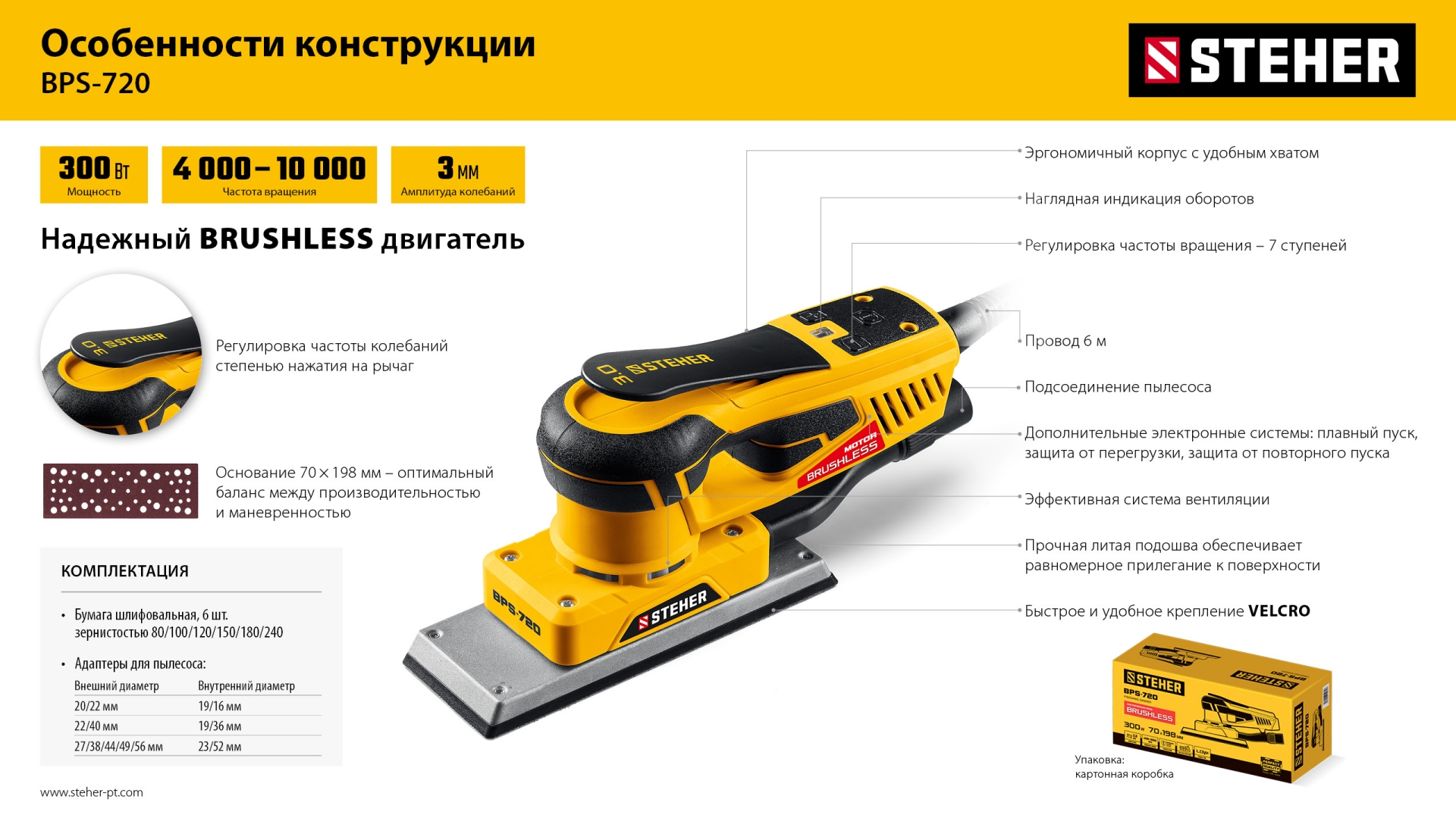 STEHER 70х198 мм, 300 Вт, 3 мм, бесщеточная плоскошлифовальная машина (BPS-720)