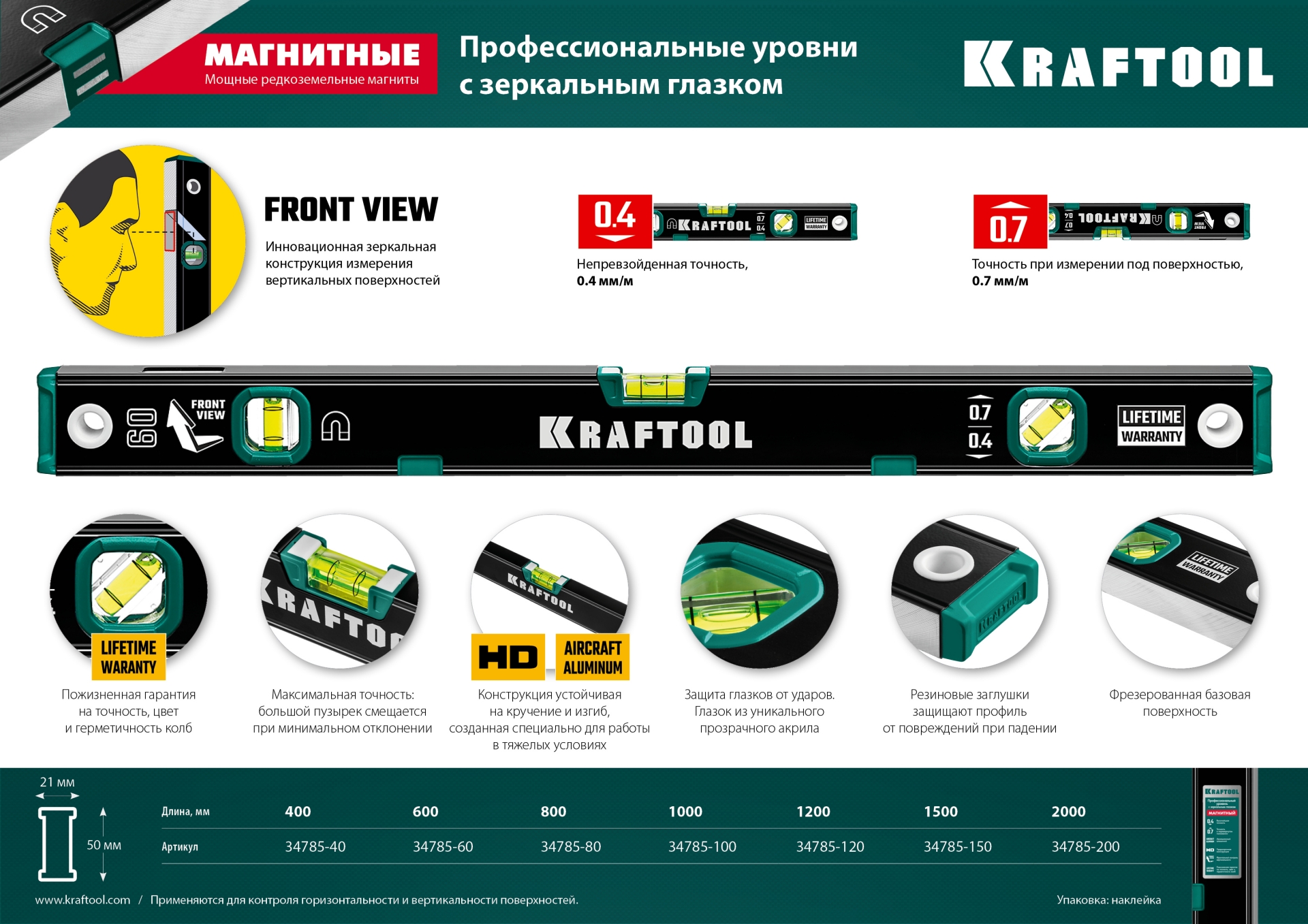 KRAFTOOL 400 мм, усиленный профиль, с зеркальным глазком, магнитный уровень (34785-40)