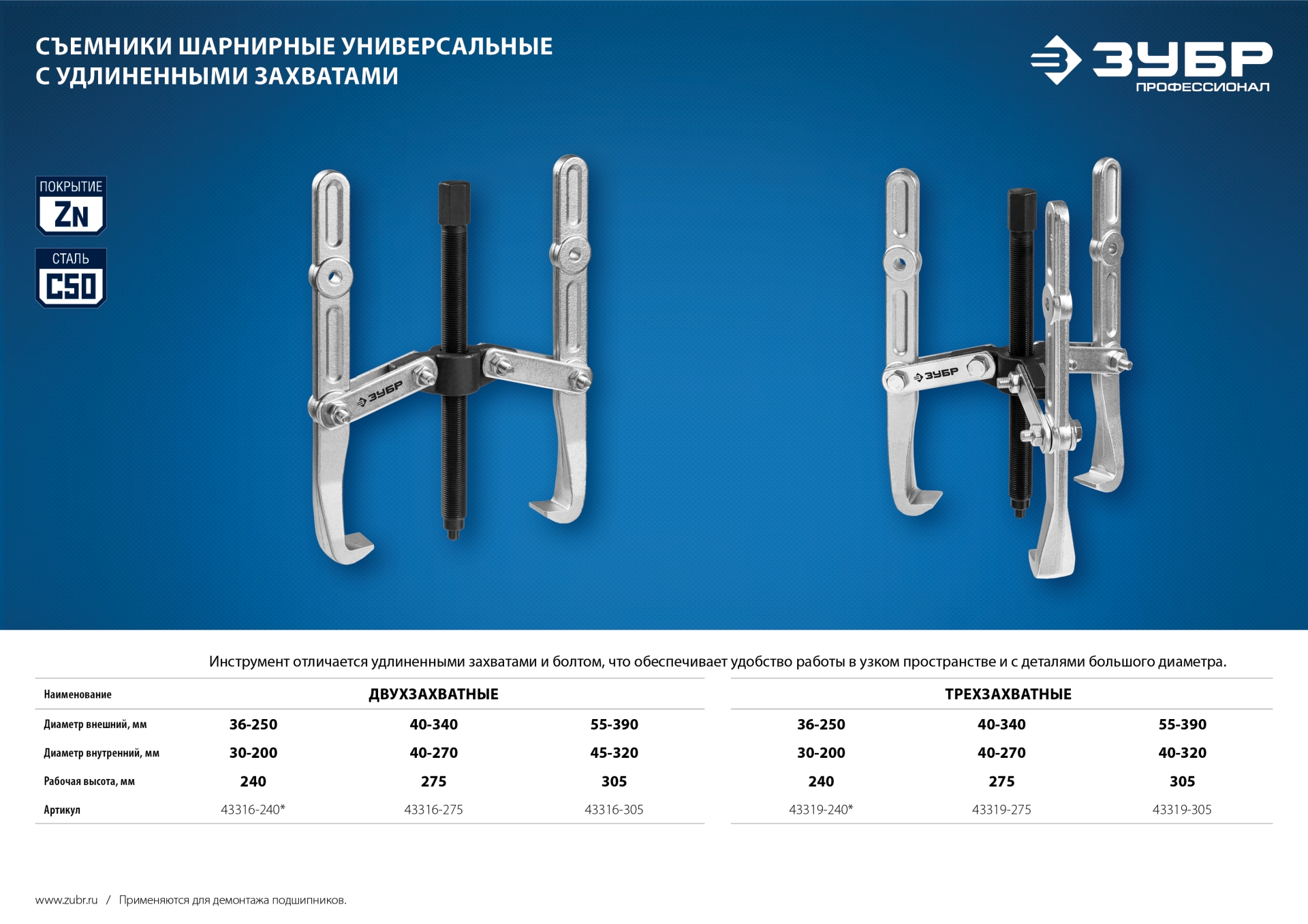 ЗУБР внешний d 36 - 250 мм, внутренний d 30 - 200 мм, шарнирный двухзахватный съемник с удлиненными захватами, Профессионал (43316-240)