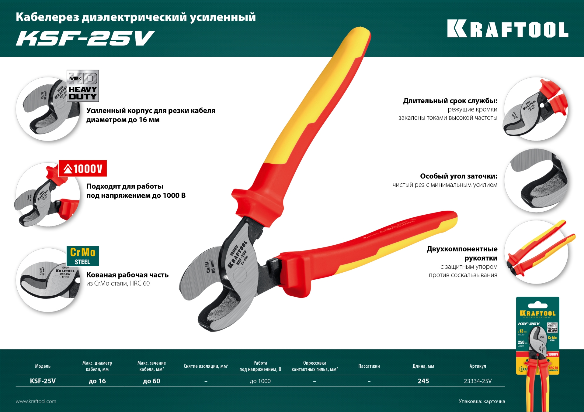 KRAFTOOL KSF-25V, d 13 мм, 250 мм, VDE, 1000 В, усиленный, диэлектрический кабелерез (23334-25V)