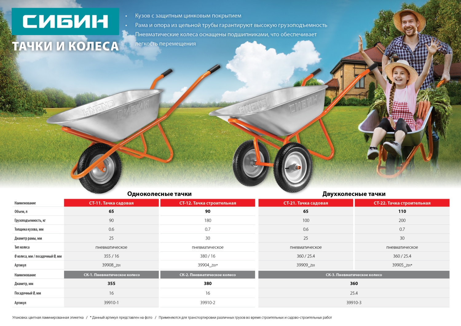 СИБИН СК-1, 3″ х 355 мм, для тачкек (арт. 39908, 39998), стальной диск, подшипник - 16 мм, пневматическое колесо (39910-1)