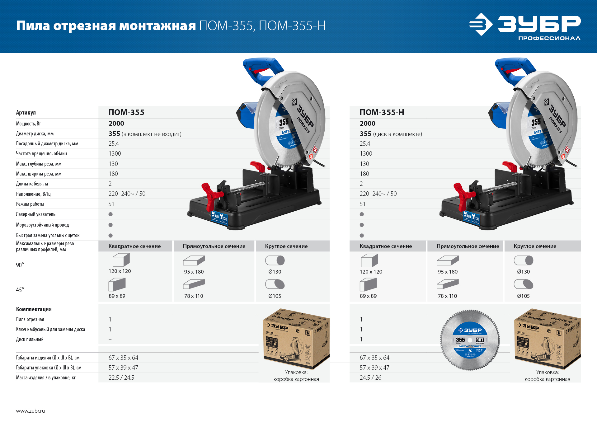ЗУБР 355 мм, 2000 Вт, пила отрезная (монтажная) по металлу с пильным диском, холодная резка, Профессионал (ПОМ-355-Н)