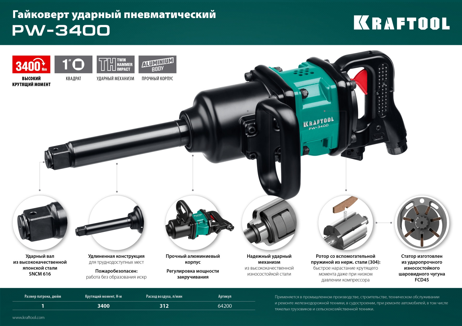 KRAFTOOL PW-3400, 1″, 3400 Н·м, ударный пневматический гайковерт (64200)