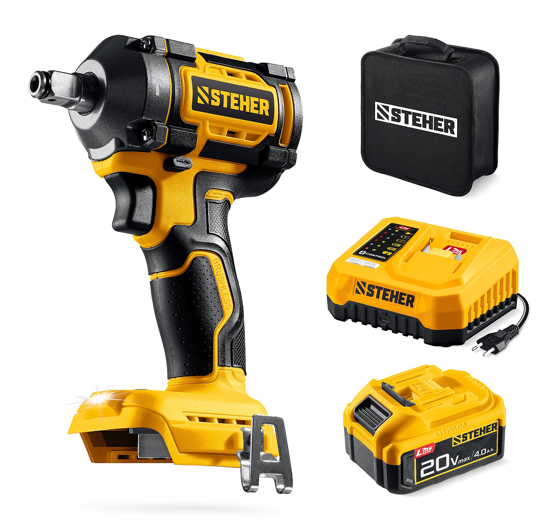 STEHER 20 В, 350 Н·м, 1 АКБ LMS (4 А·ч), бесщеточный ударный гайковерт, сумка (CWB-350-41)