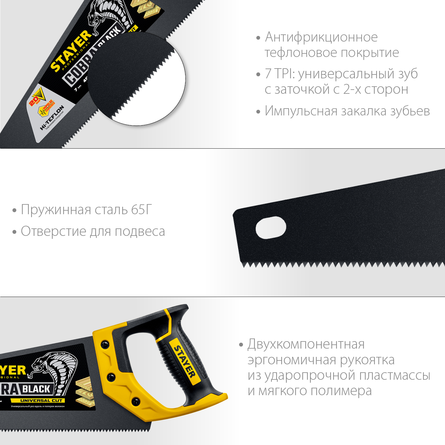 STAYER Cobra Black, 450 мм, универсальная ножовка, Professional (2-15081-45)