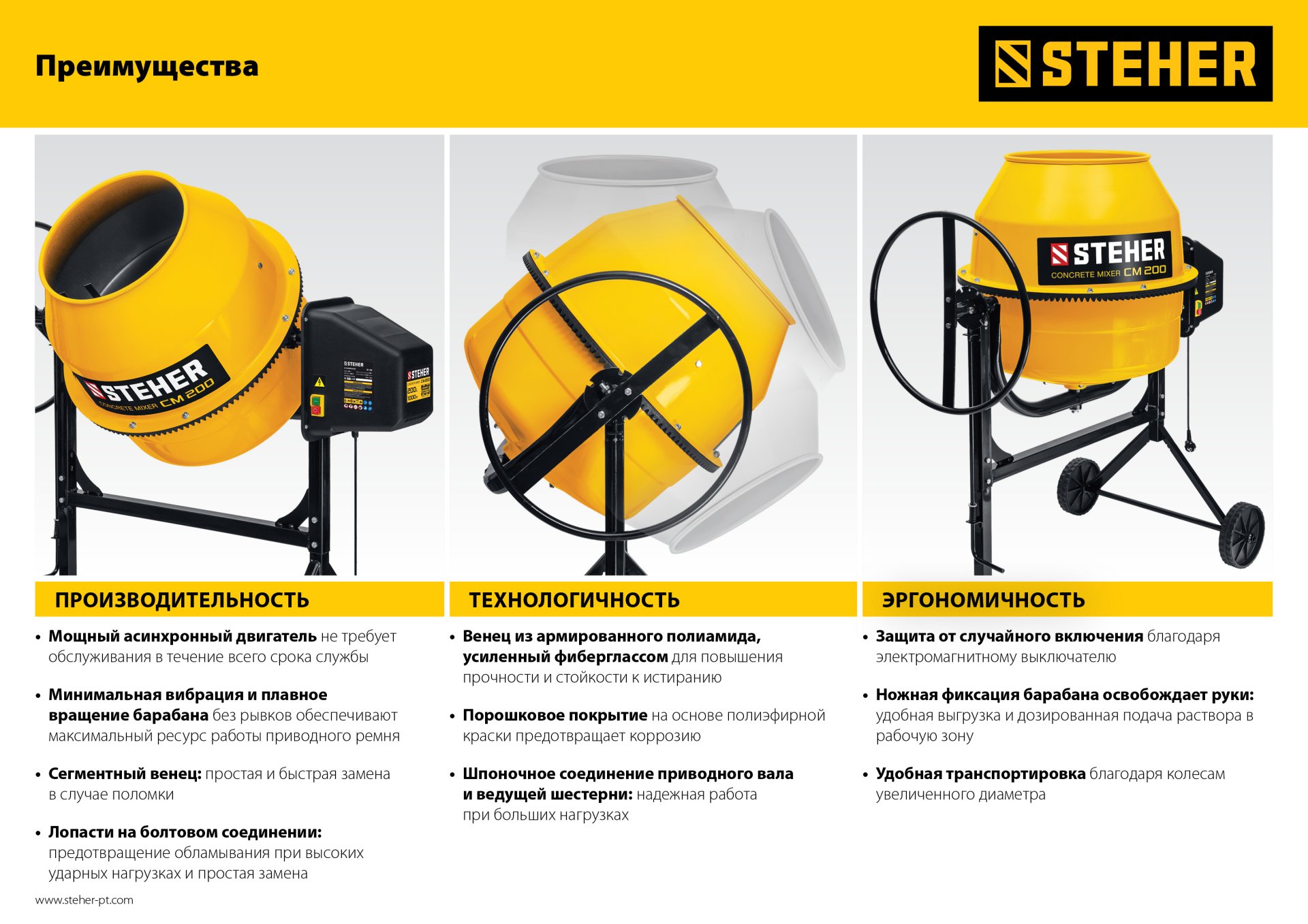 STEHER 120 л, 550 Вт, бетоносмеситель с полиамидным венцом (CM-120)