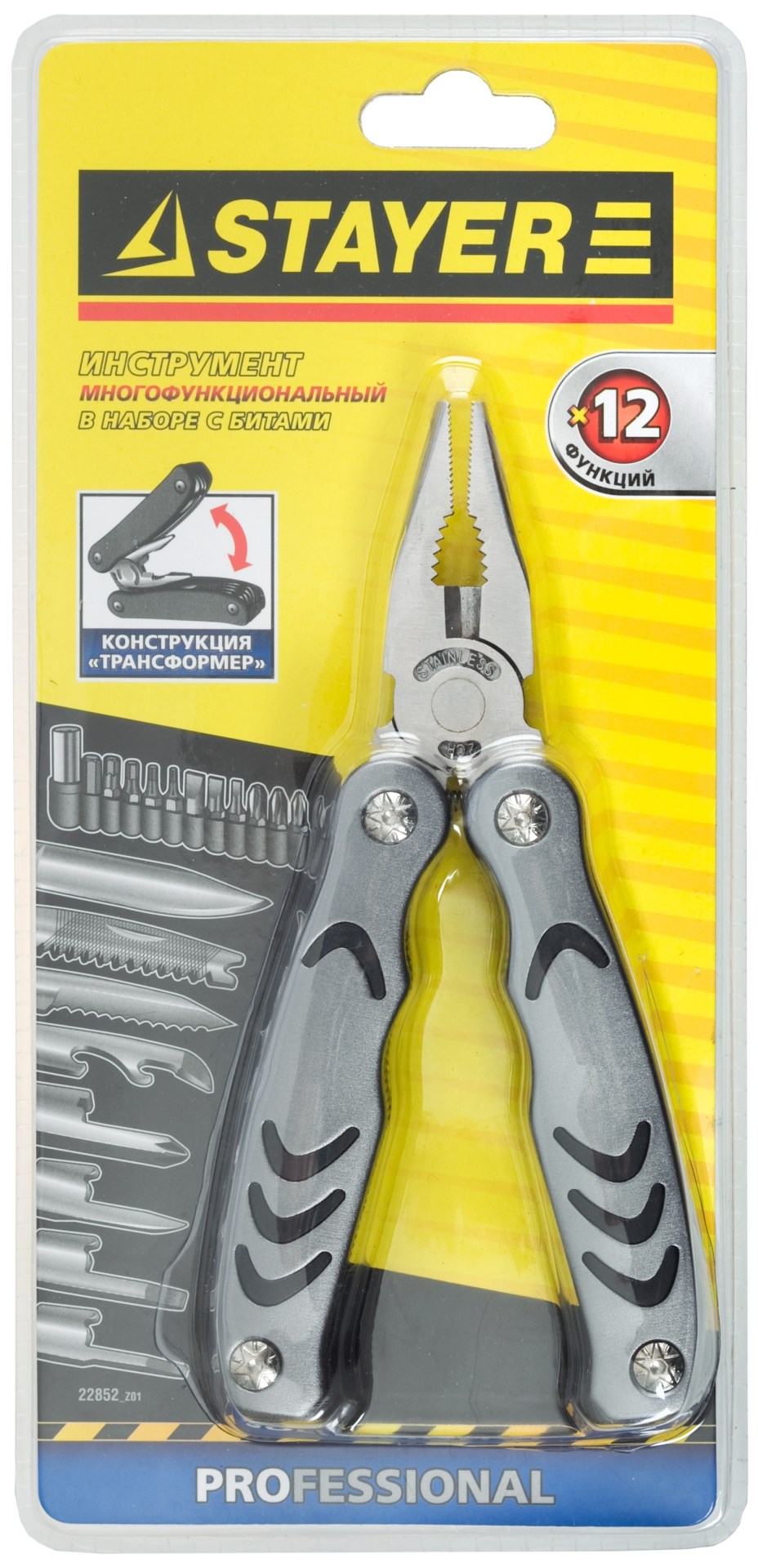 STAYER PROFESSIONAL, мультитул, 12в1, силовая модель, с набором бит, нейлоновый чехол, 105мм (22852)