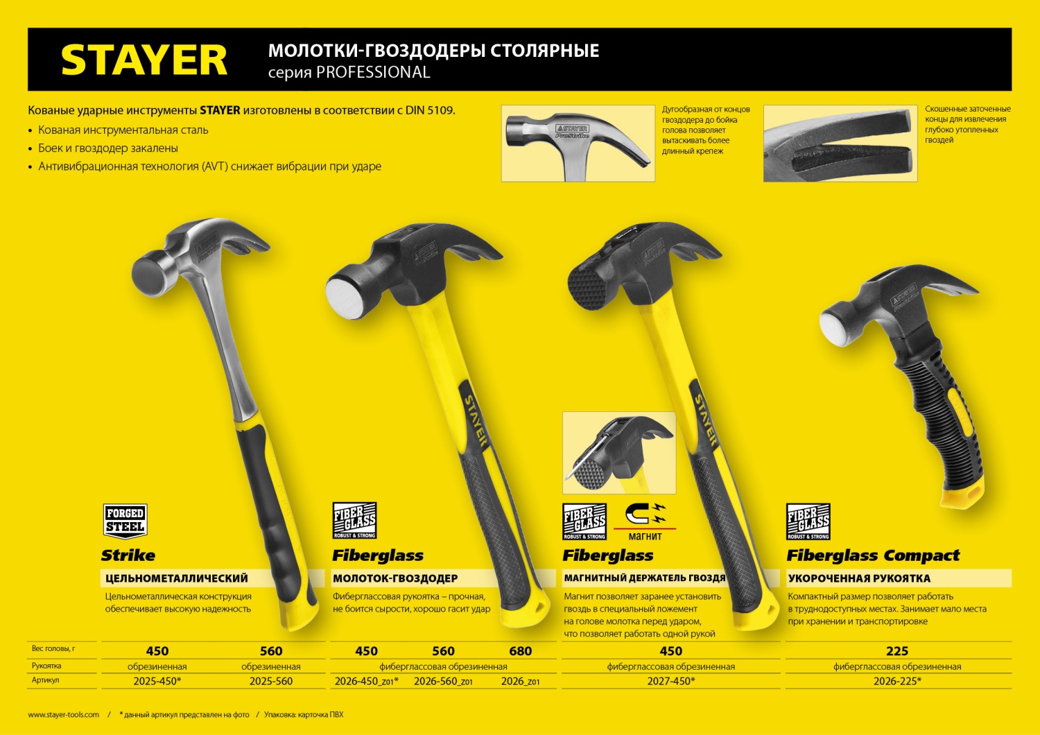 STAYER Strike, 450 г, цельнометаллический столярный молоток-гвоздодёр, Professional (2025-450)