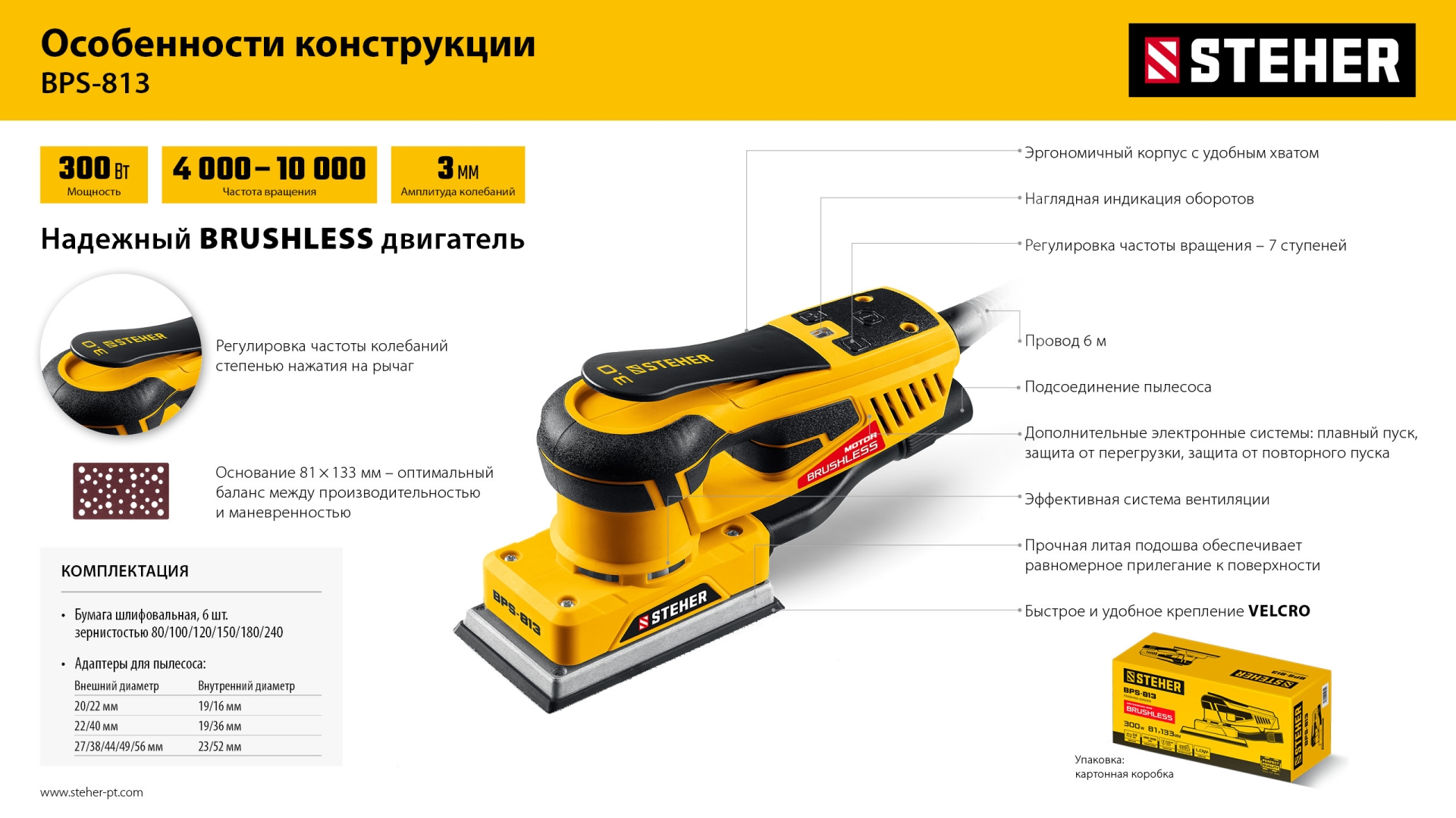 STEHER 81х133 мм, 300 Вт, 3 мм, бесщеточная плоскошлифовальная машина (BPS-813)
