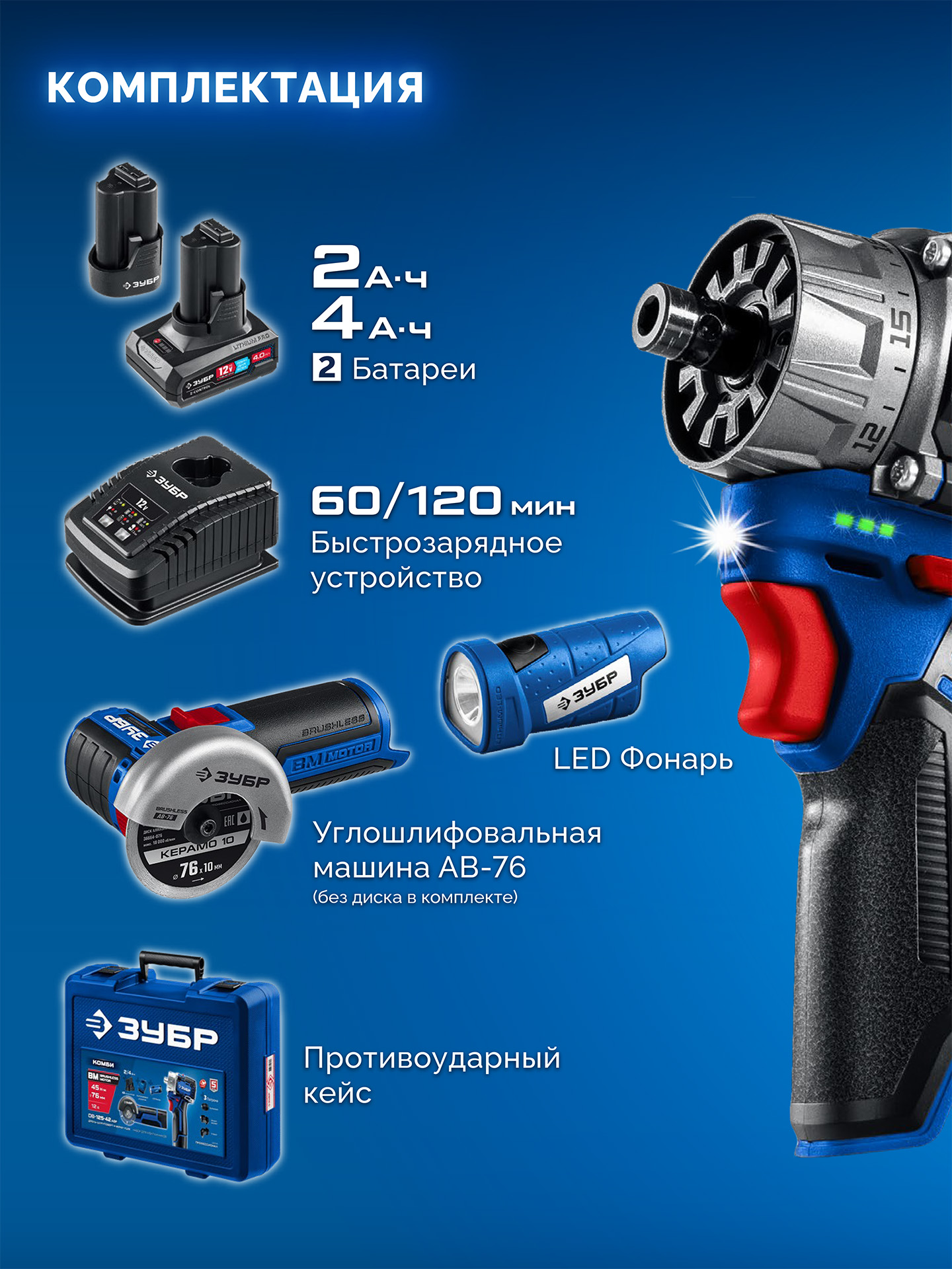 ЗУБР КОМБИ #5 набор: дрель-шуруповерт + мини УШМ + LED фонарь, BRUSHLESS, 12 В, 45 Н·м, 2 АКБ тип Т7 (4 и 2 А·ч), кейс, Профессионал (DB-125-42ABF)