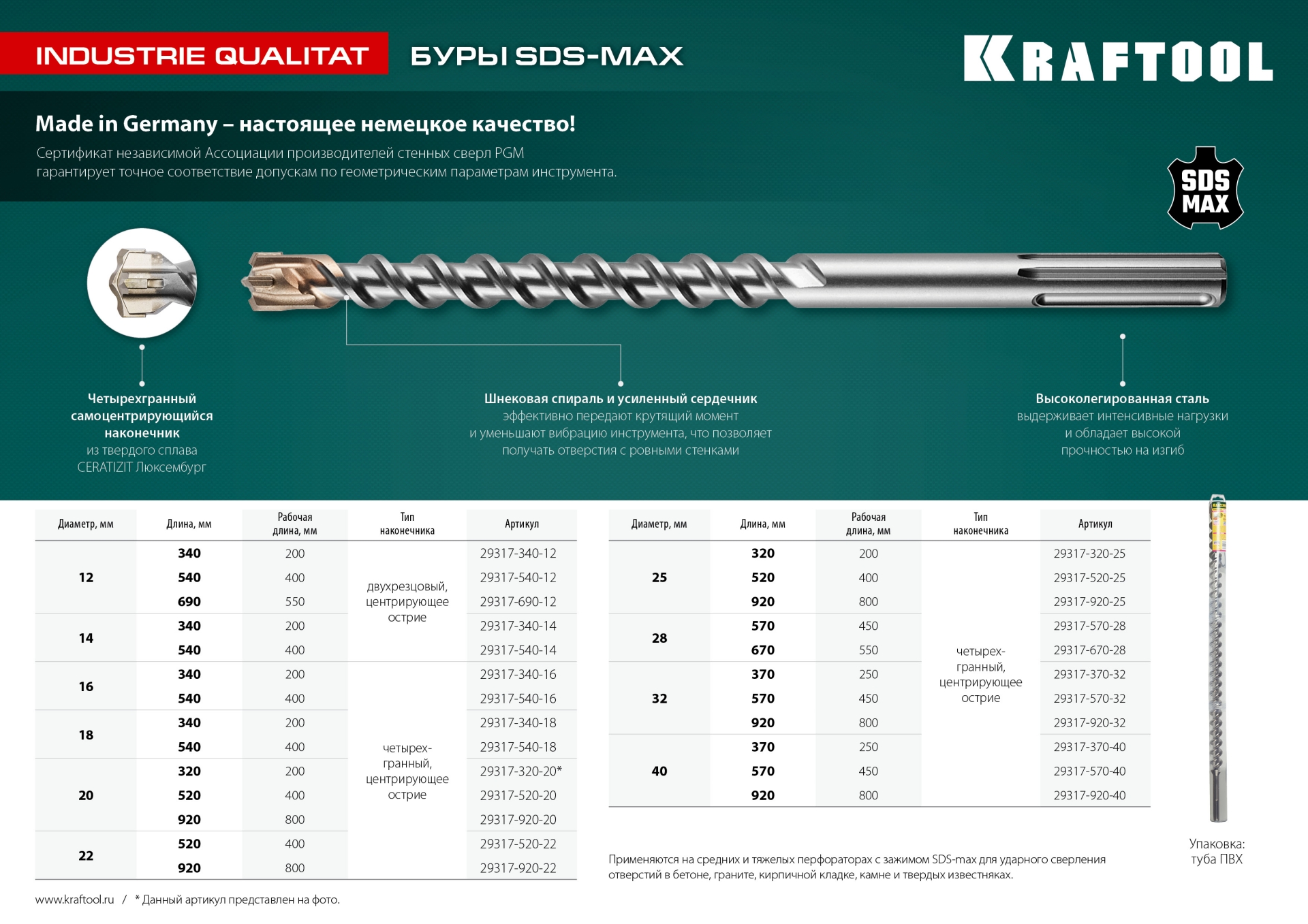 KRAFTOOL Industrie Qualit, 22 x 800/920 мм, SDS-max бур (29317-920-22)